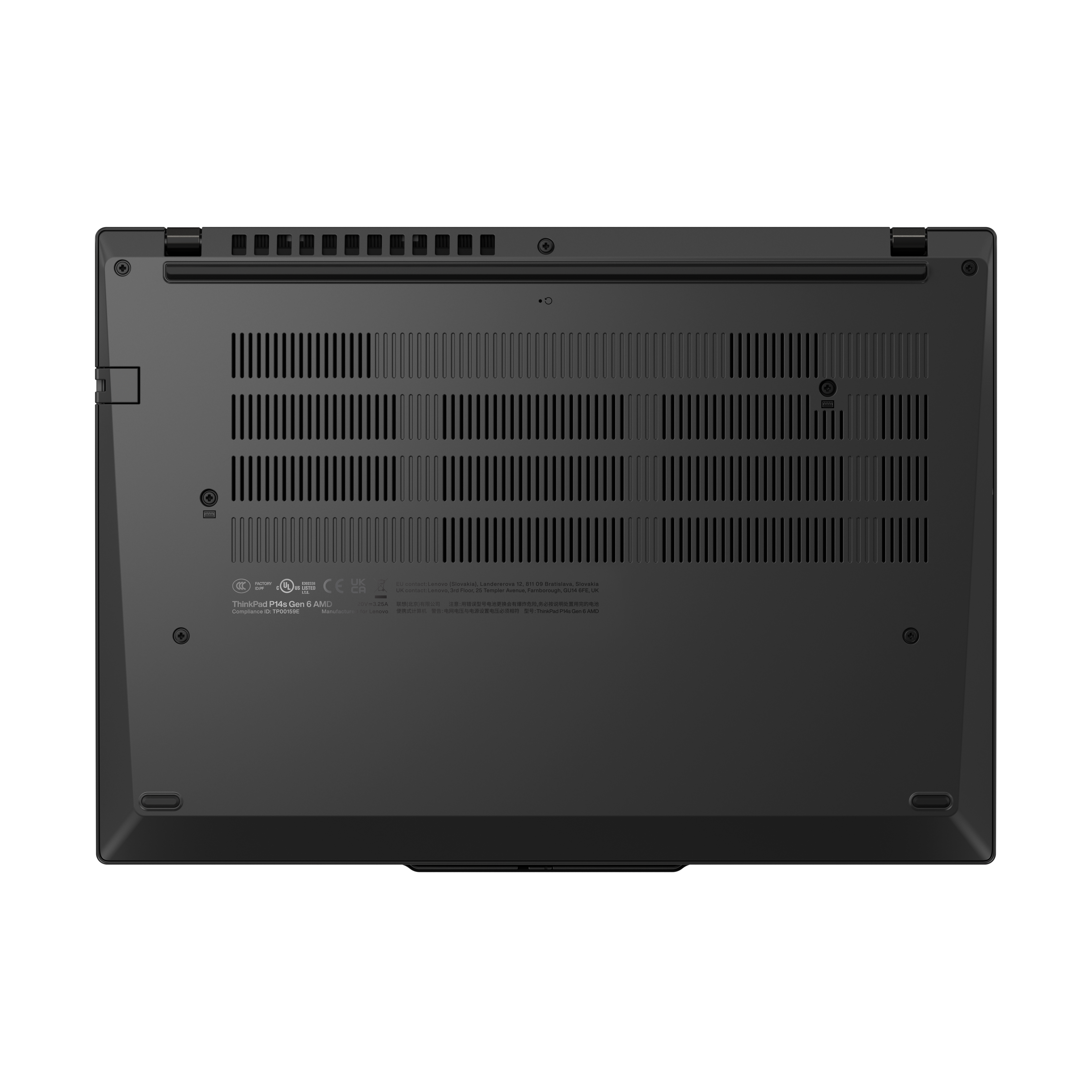 Unterseite eines schwarzen Laptops. Es hat Lüftungsschlitze, Schrauben und Etiketten mit Text. Der Hintergrund ist schwarz.