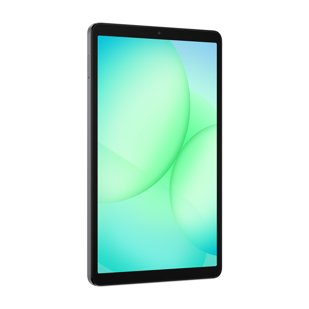 Siyah çerçeveli bir tablet, beyaz zemin üzerinde yeşil ve mavi saydam dairelerle bir ekran gösteriyor.