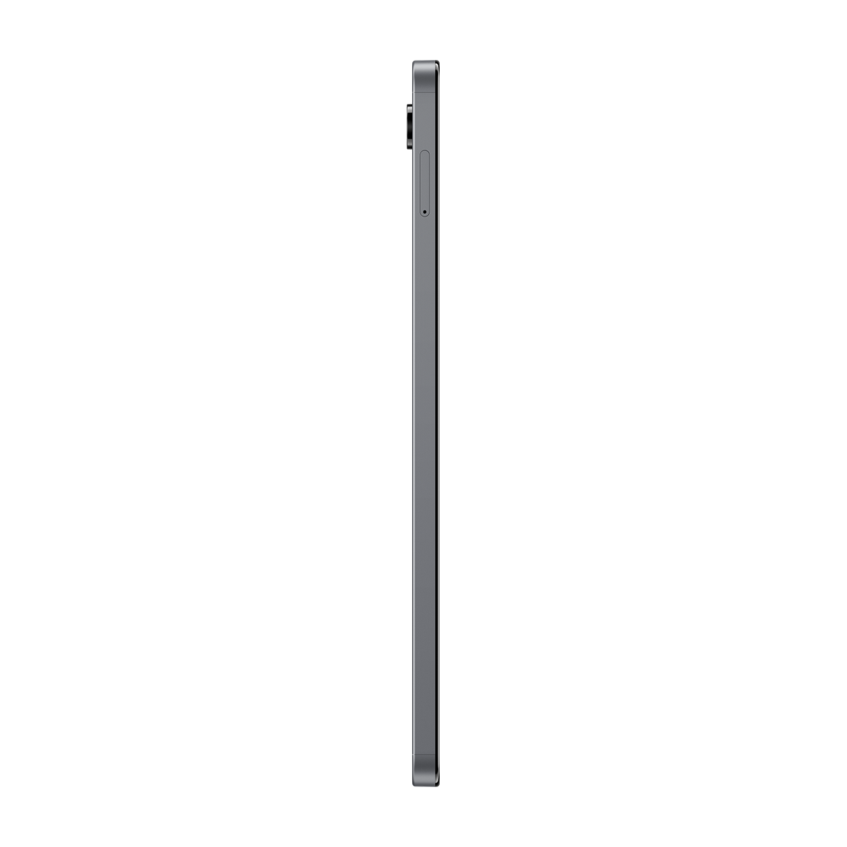 Gri renkli bir tabletin yan görünümü. Tablet dikey, kenarında kamera ve düğmeler var, beyaz bir arka plan üzerinde.