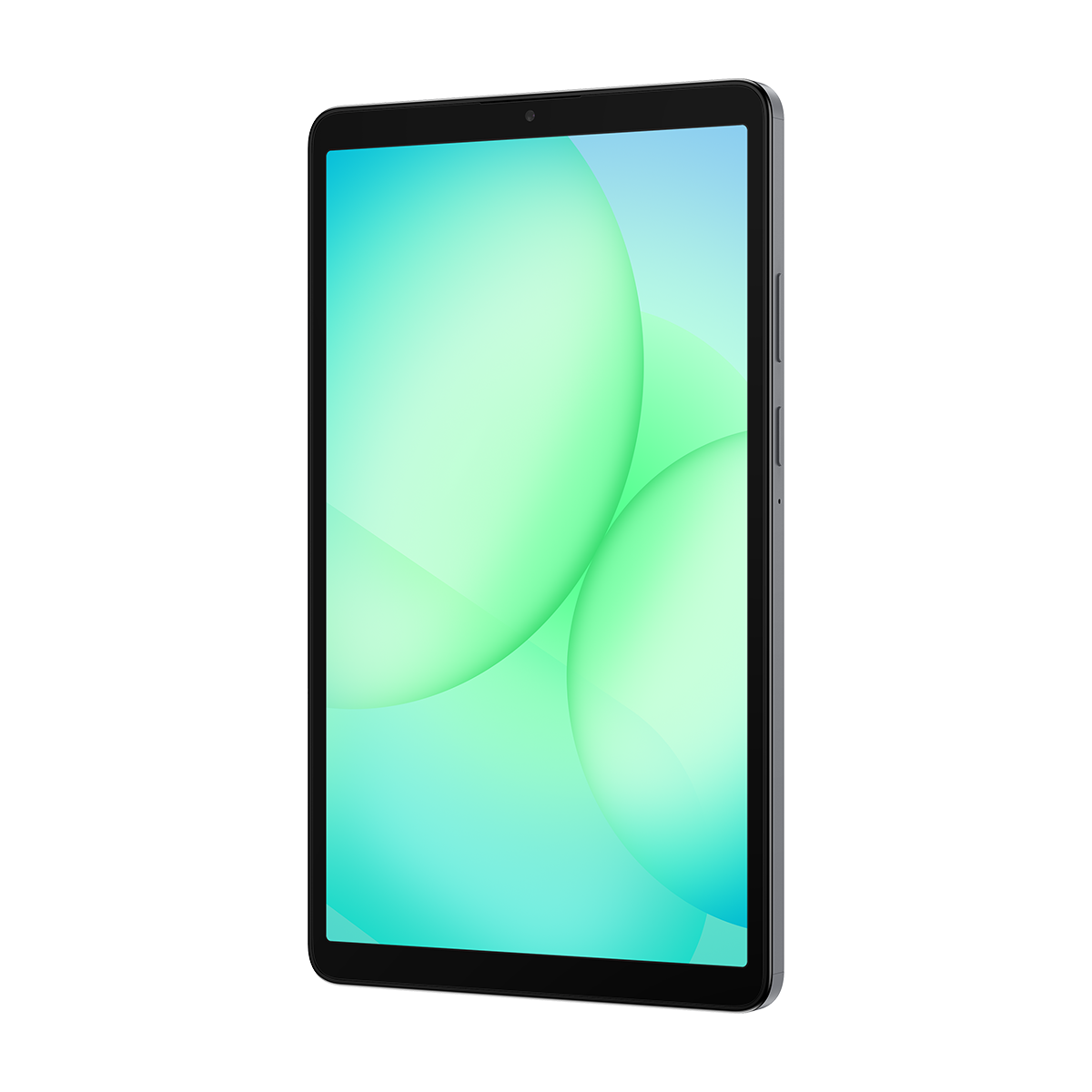 Siyah çerçeveli ve beyaz zemin üzerinde yeşil ve mavi degrade küreler gösteren ekranlı bir tablet.