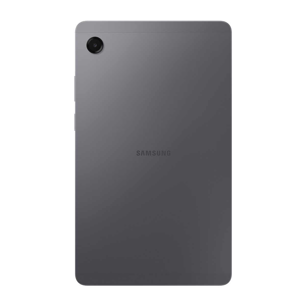 Gri bir Samsung tabletin arkası. Üstte bir kamera, sol tarafta ses tuşları ve Samsung logosu var.