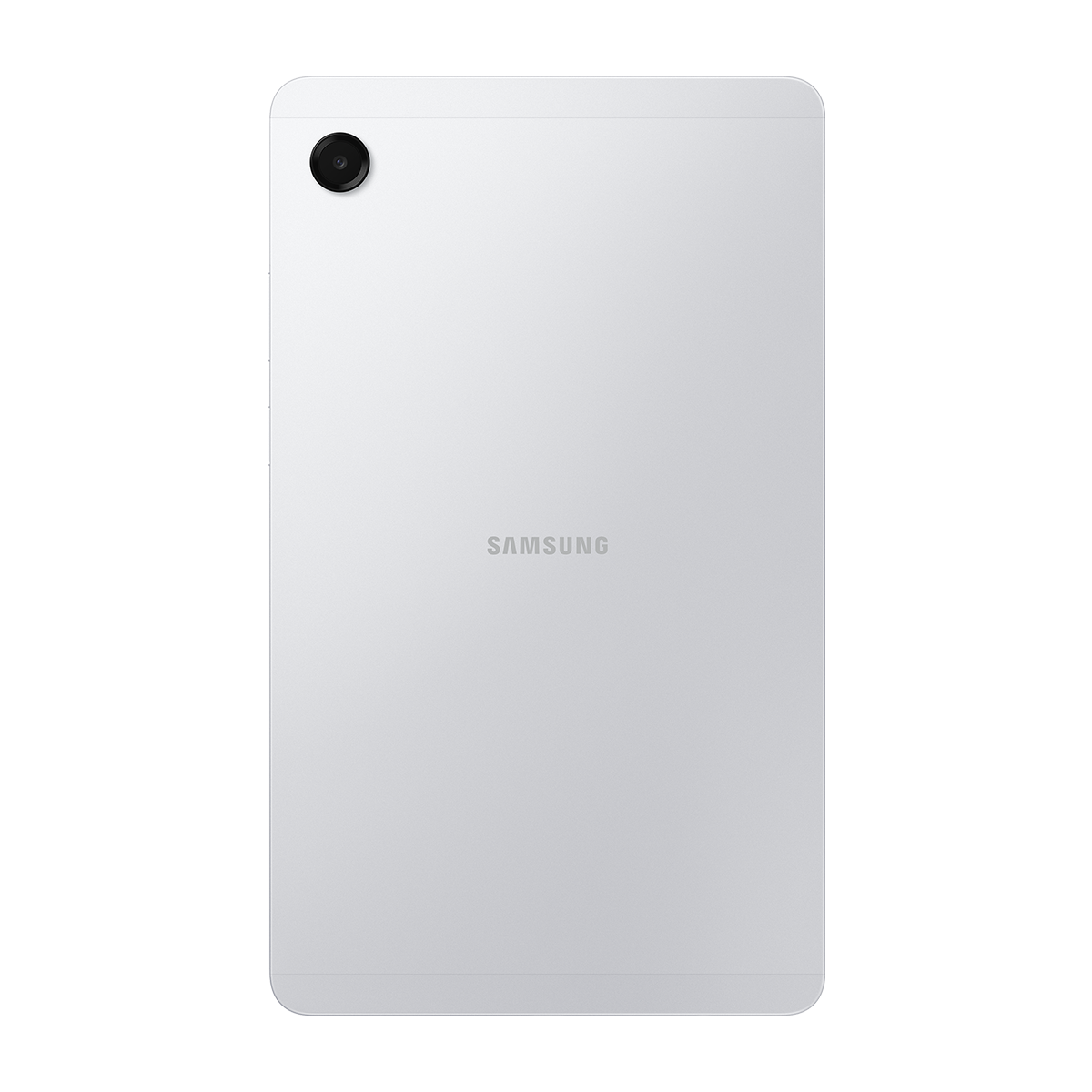 Gümüş renkli bir Samsung tabletin arkası. Sol üstte bir kamera ve ortada Samsung logosu var.