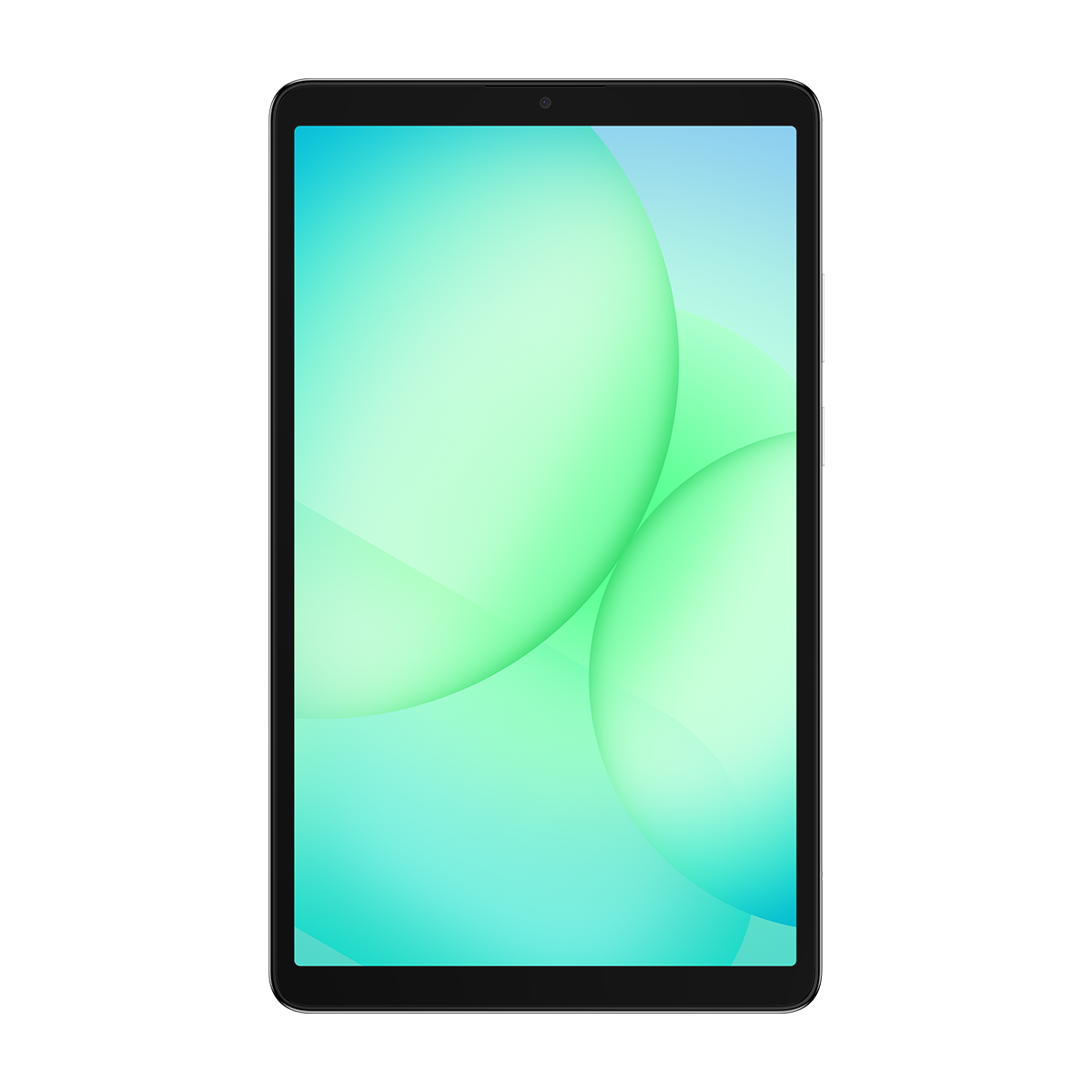 Beyaz zemin üzerinde siyah bir tablet. Ekran yeşil ve mavi soyut şekiller gösteriyor.