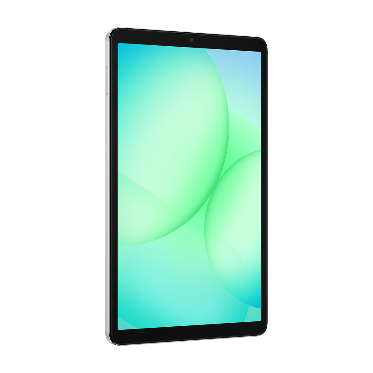 Siyah çerçeveli ve yeşil ile turkuaz renk geçişli daireler gösteren bir ekranı olan bir tablet. Tabletin gümüş rengi bir çerçevesi var.