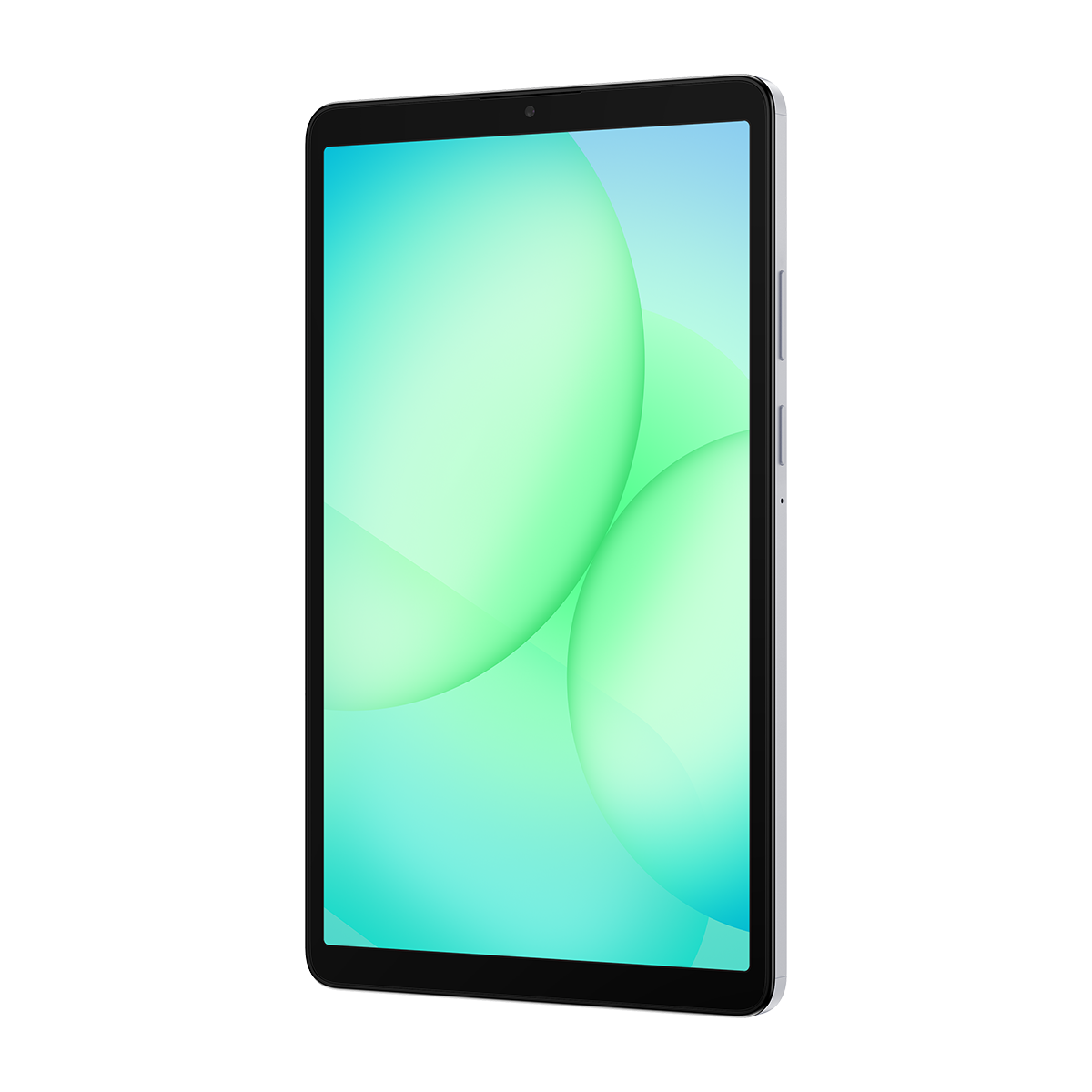 Siyah çerçeveli tablet ve yeşil ile turkuaz renk geçişli küreler gösteren ekran. Yan tarafta gümüş düğmeler. Beyaz arka plan.