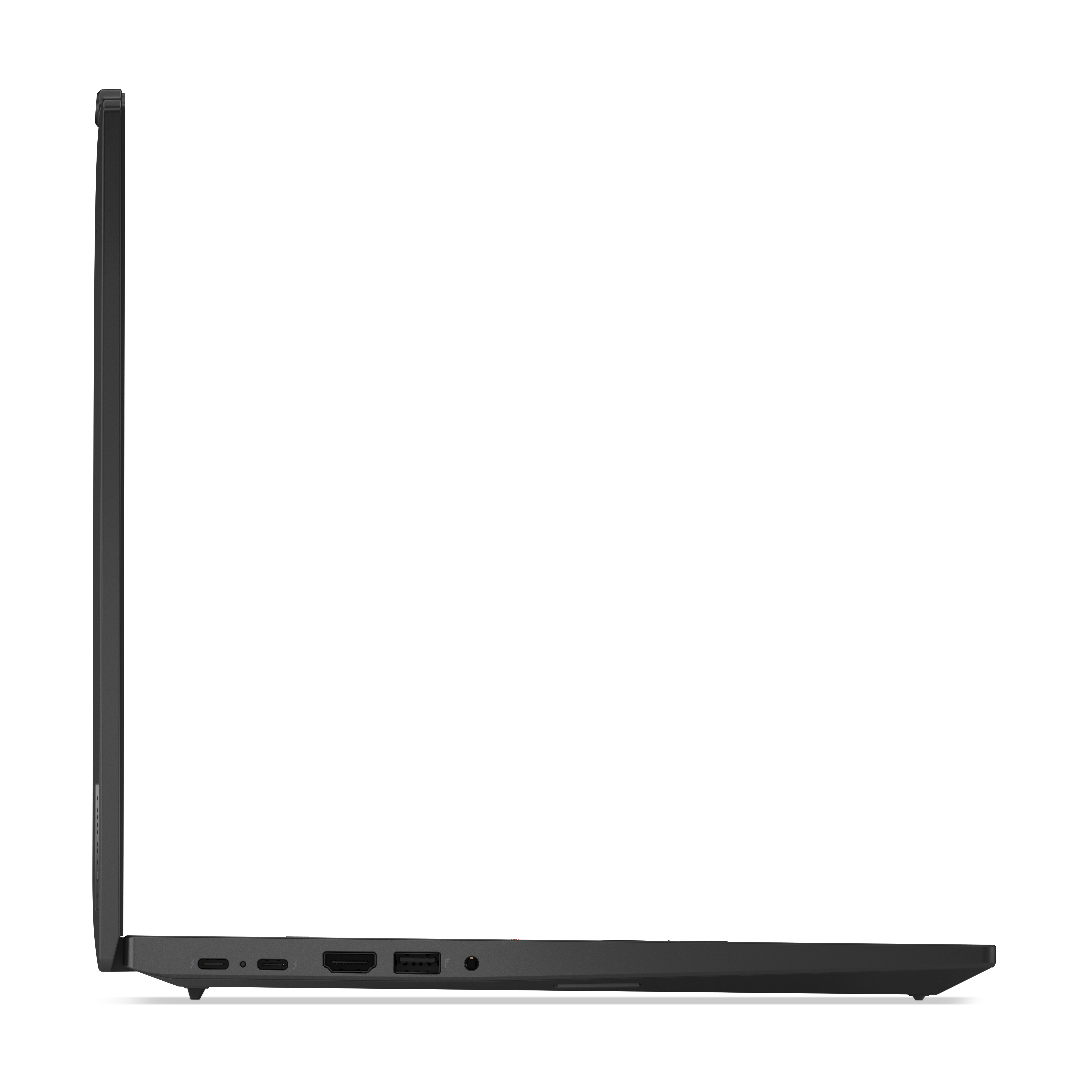 Seitenansicht eines dunkelgrauen Laptops. Sichtbare Anschlüsse sind USB, HDMI und Ladeanschlüsse. Der Bildschirm ist geschlossen.