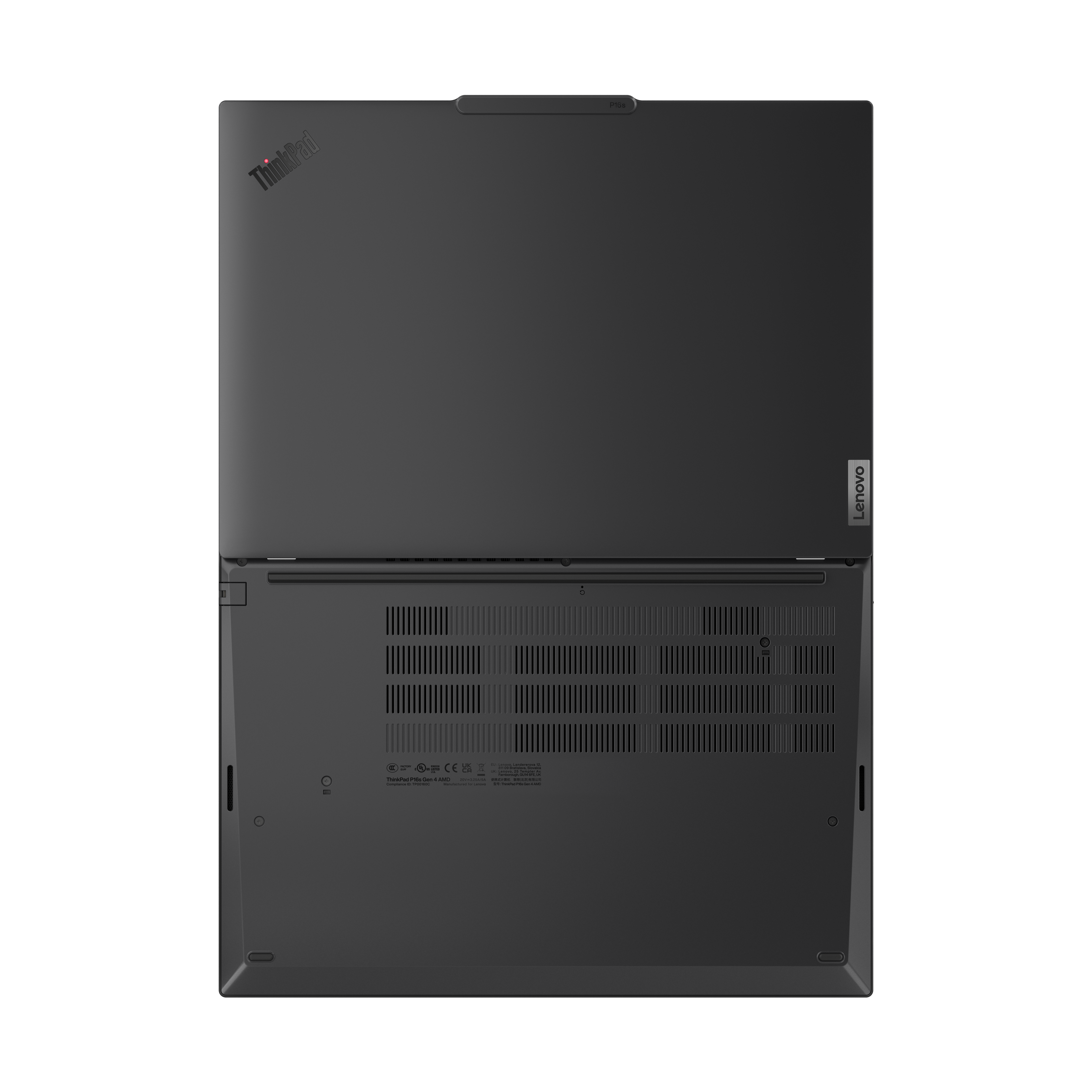 Draufsicht auf einen dunkelgrauen Laptop auf schwarzem Hintergrund. Die Marke Thinkpad ist sichtbar.
