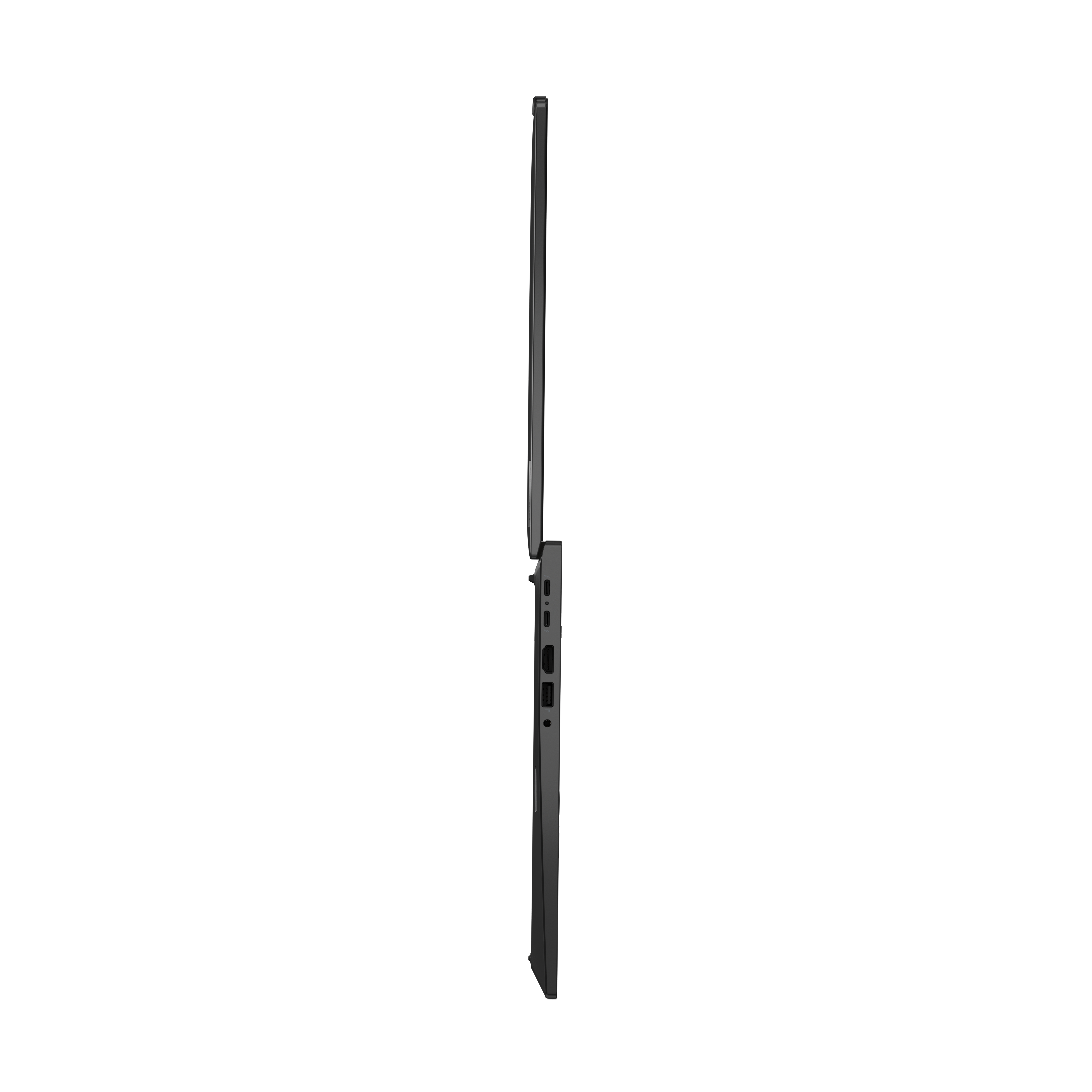 Seitenansicht eines dunklen Laptops vor schwarzem Hintergrund. Anschlüsse und ein Scharnier sind sichtbar. Der Bildschirm ist geschlossen.