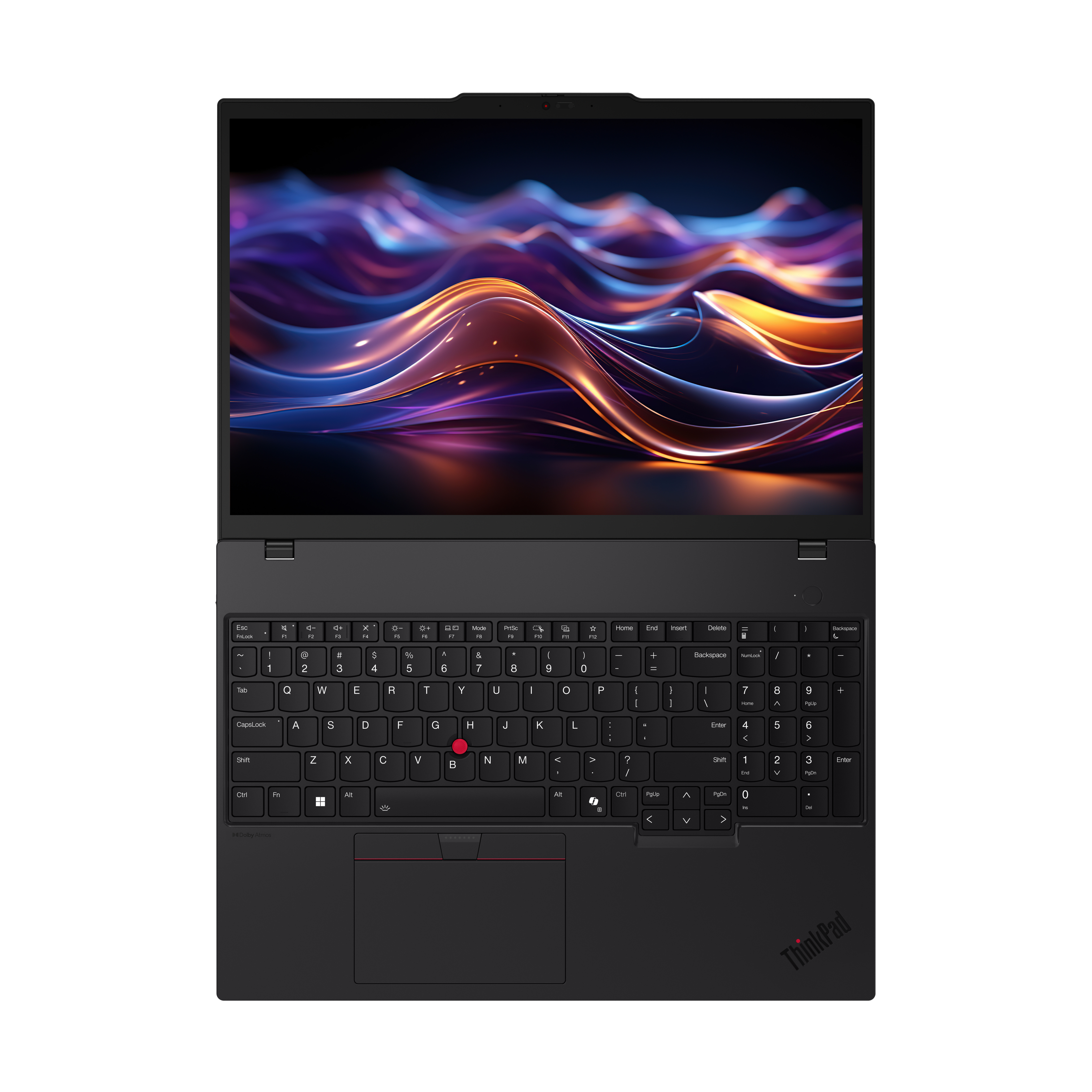 Schwarzer Laptop mit geöffnetem Display, das farbenfrohe abstrakte Linien zeigt. Tastatur sichtbar, ThinkPad-Logo unten.