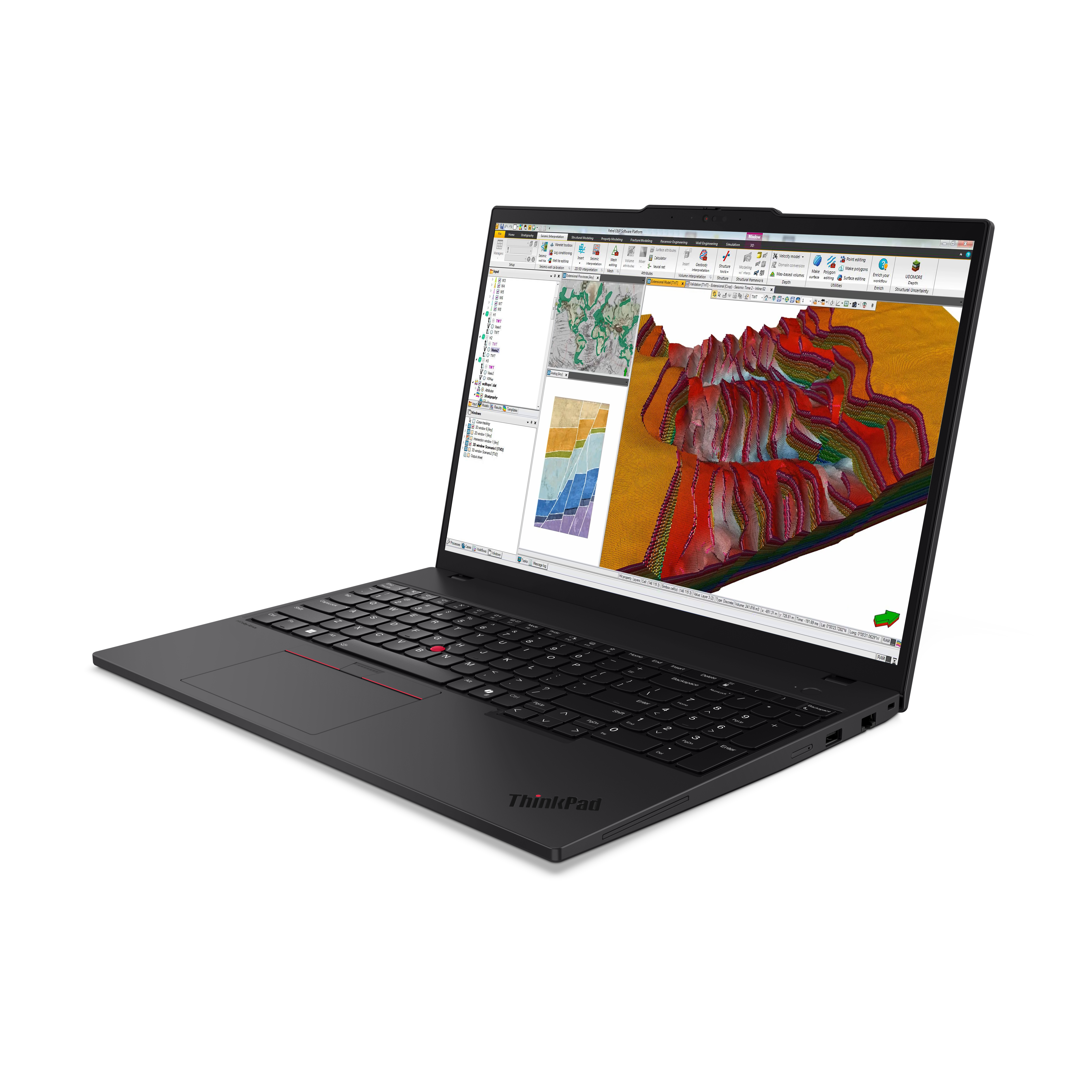 Schwarzes ThinkPad Laptop zeigt Software mit farbigen 3D-Modellen und Menüs. Die Tastatur ist schwarz mit rotem Trackpoint.