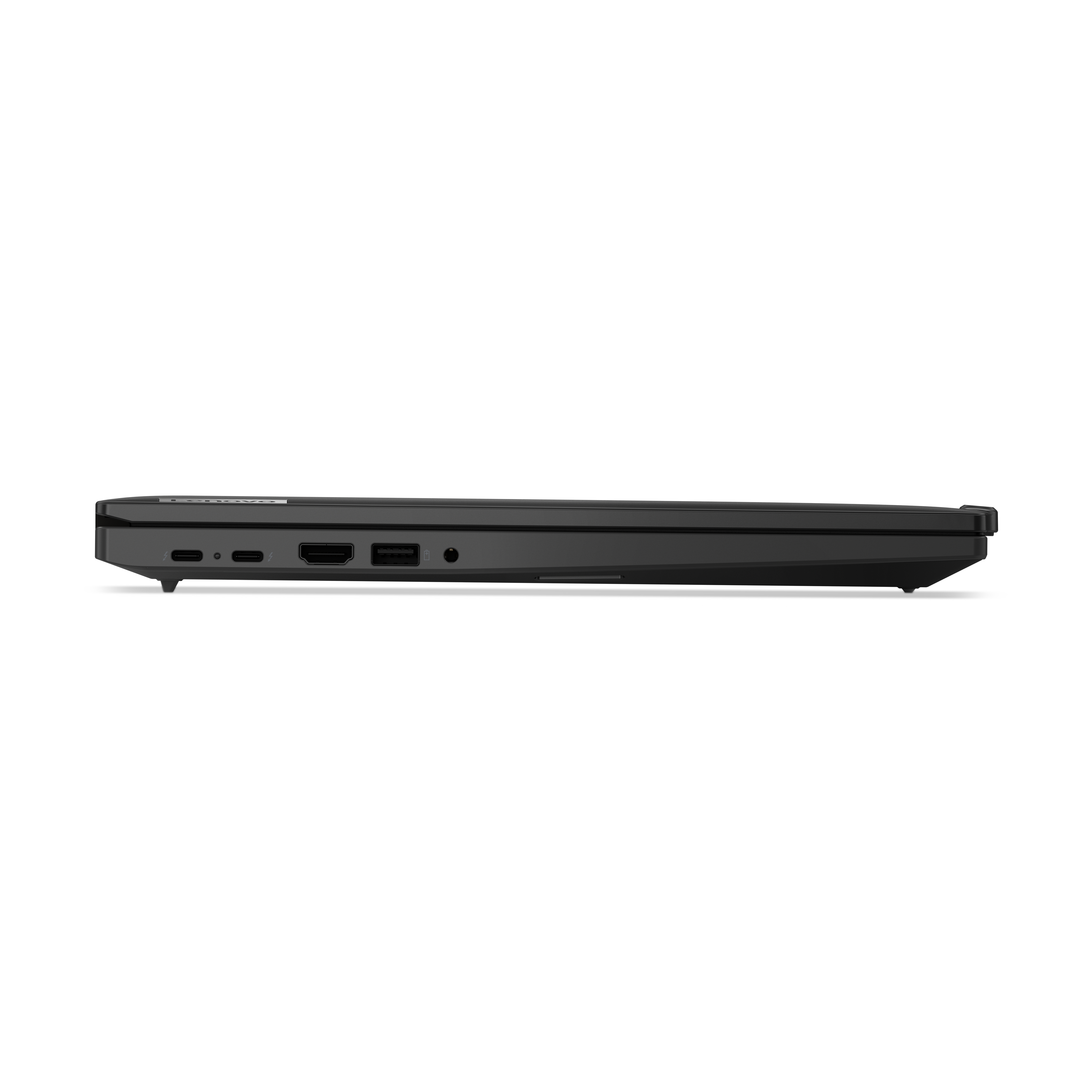 Seitenansicht eines schwarzen Laptops. Sichtbare Anschlüsse: USB, HDMI und Audioanschluss. Schwarzer Hintergrund.