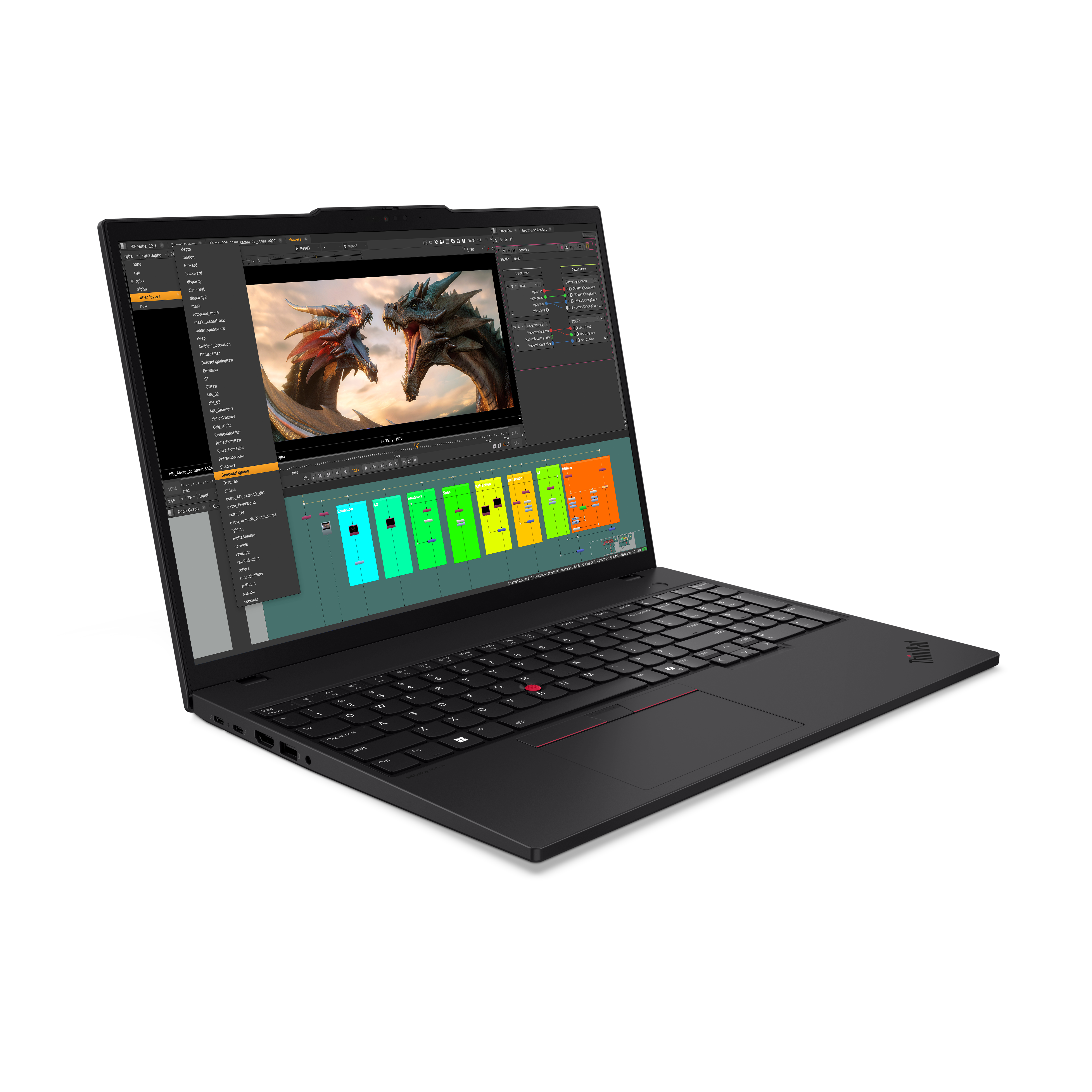 Schwarzer Laptop, der ein Drachenbild auf dem Bildschirm anzeigt, schwarzer Hintergrund.