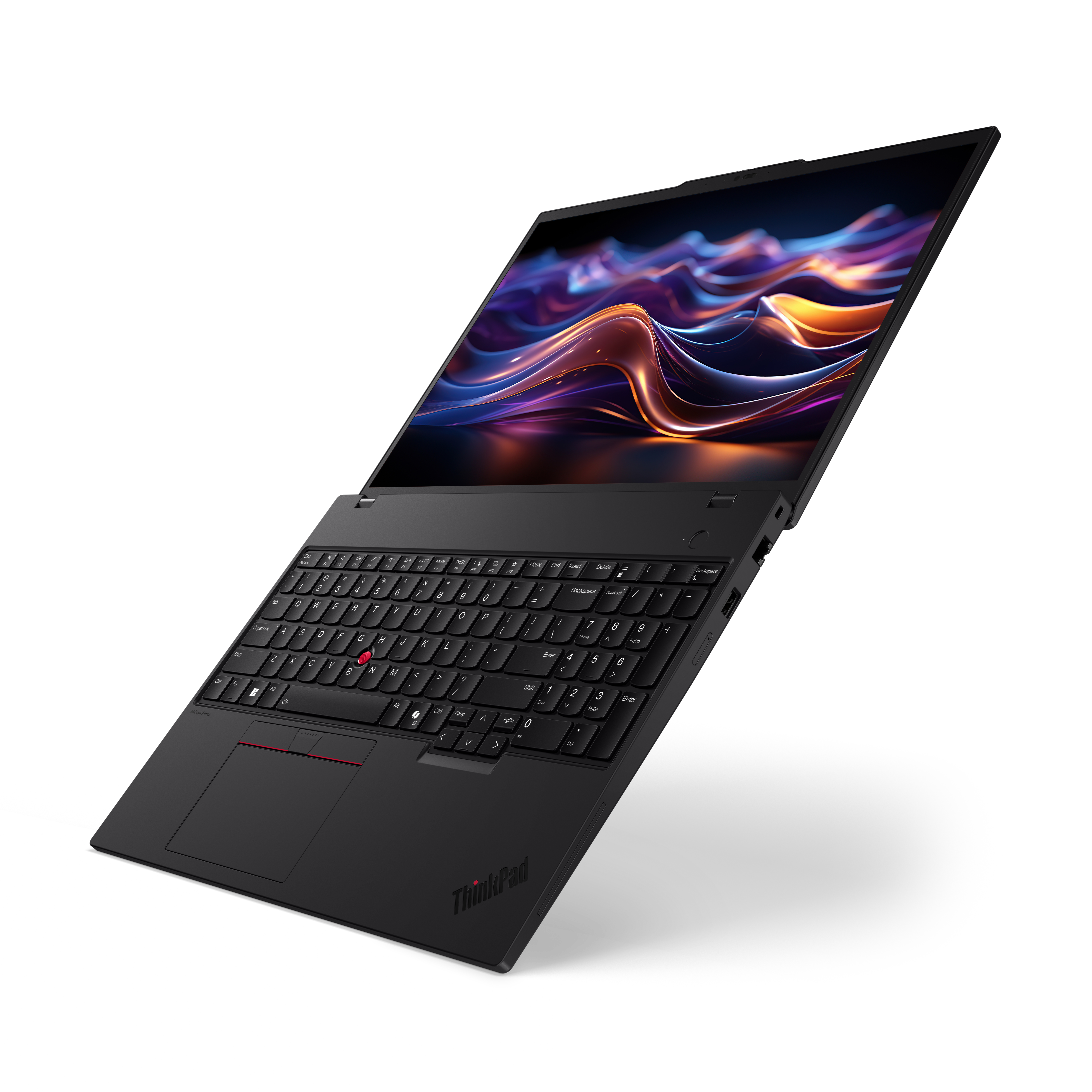 Schwarzer ThinkPad-Laptop, geöffnet auf schwarzem Hintergrund, Bildschirm mit abstrakter Kunst.