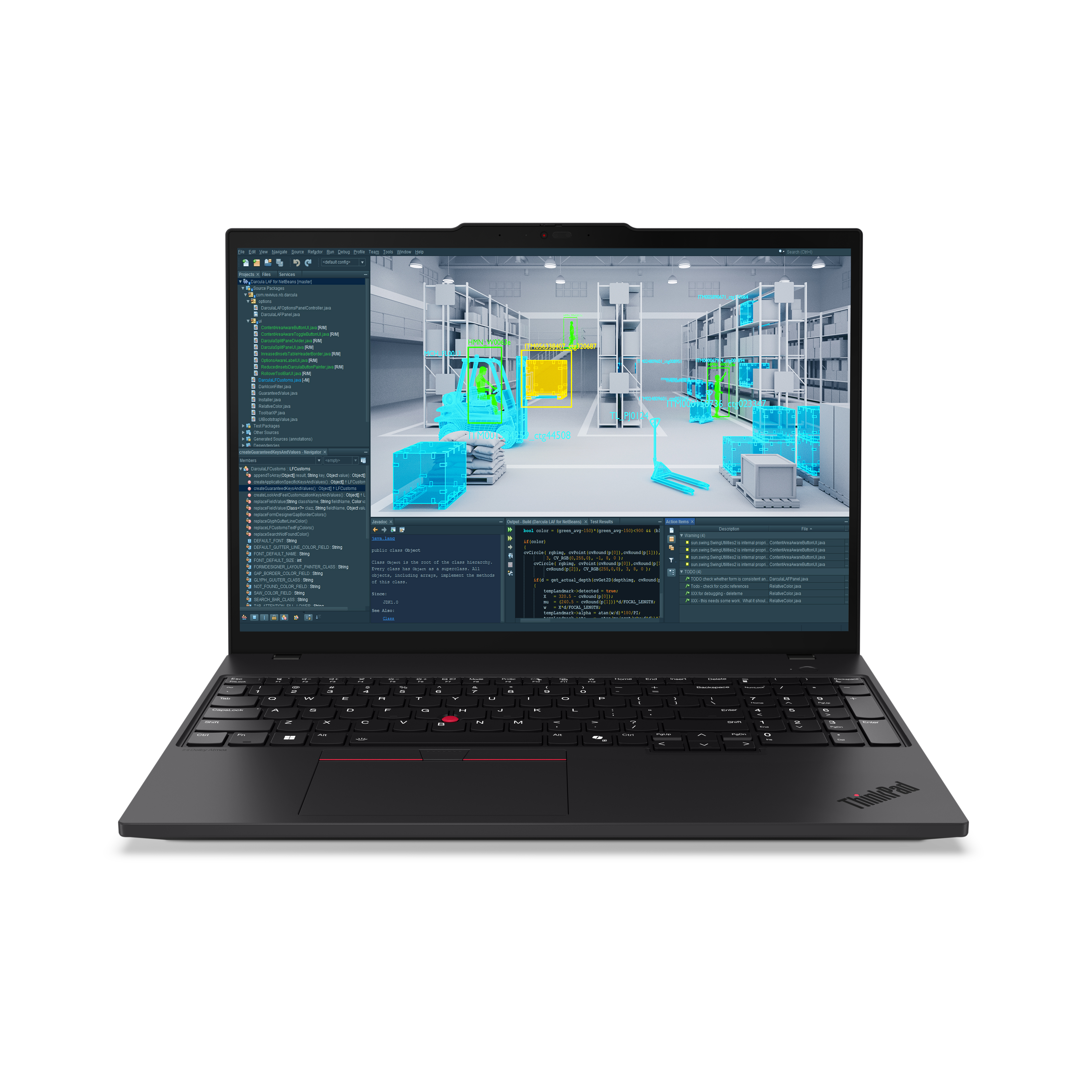 Laptop zeigt Code und eine Lagerszene mit Begrenzungsrahmen. Tastatur und ThinkPad-Logo sind sichtbar.