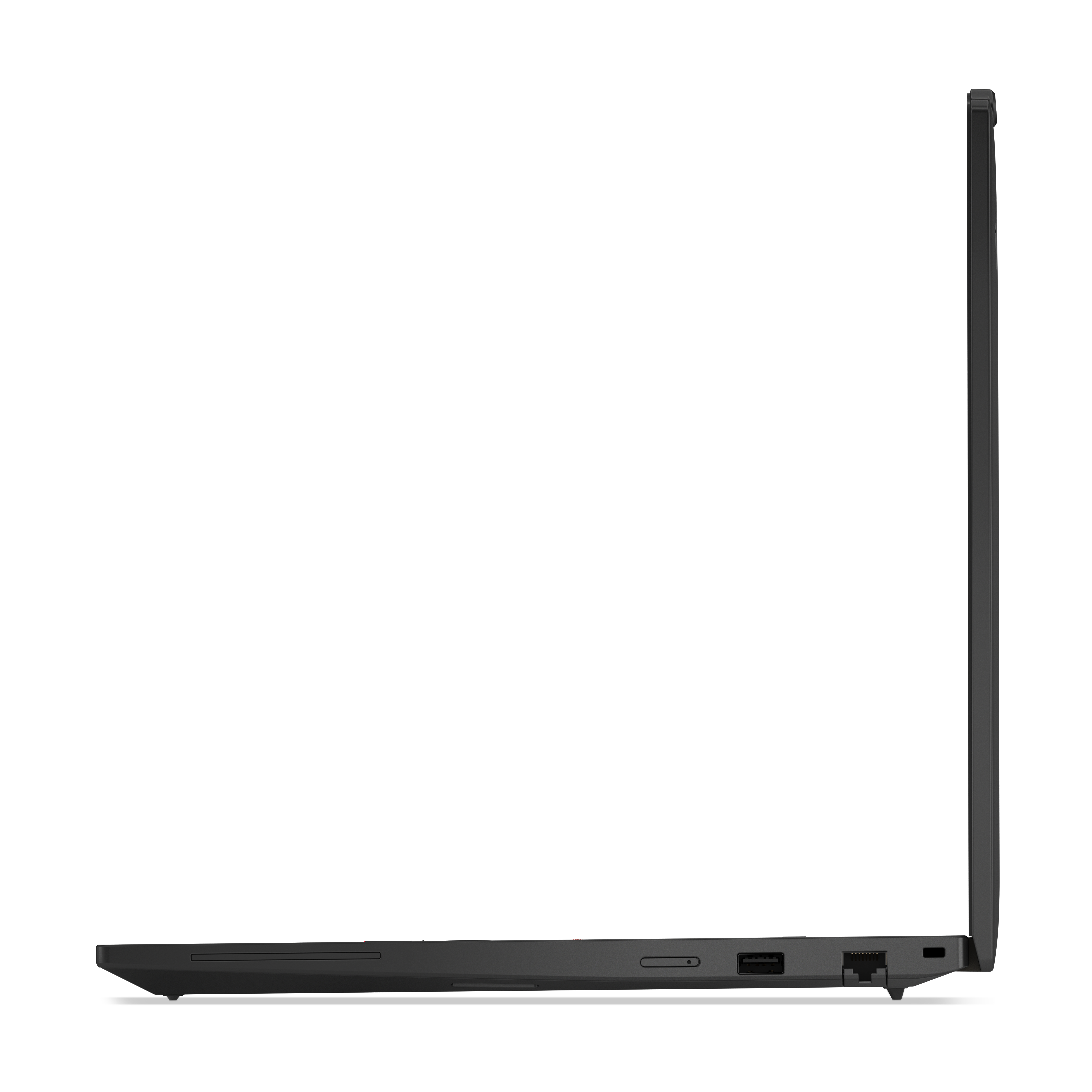 Seitenansicht eines schwarzen Laptops. Anschlüsse an der Seite sind sichtbar. Der Bildschirm ist geöffnet.