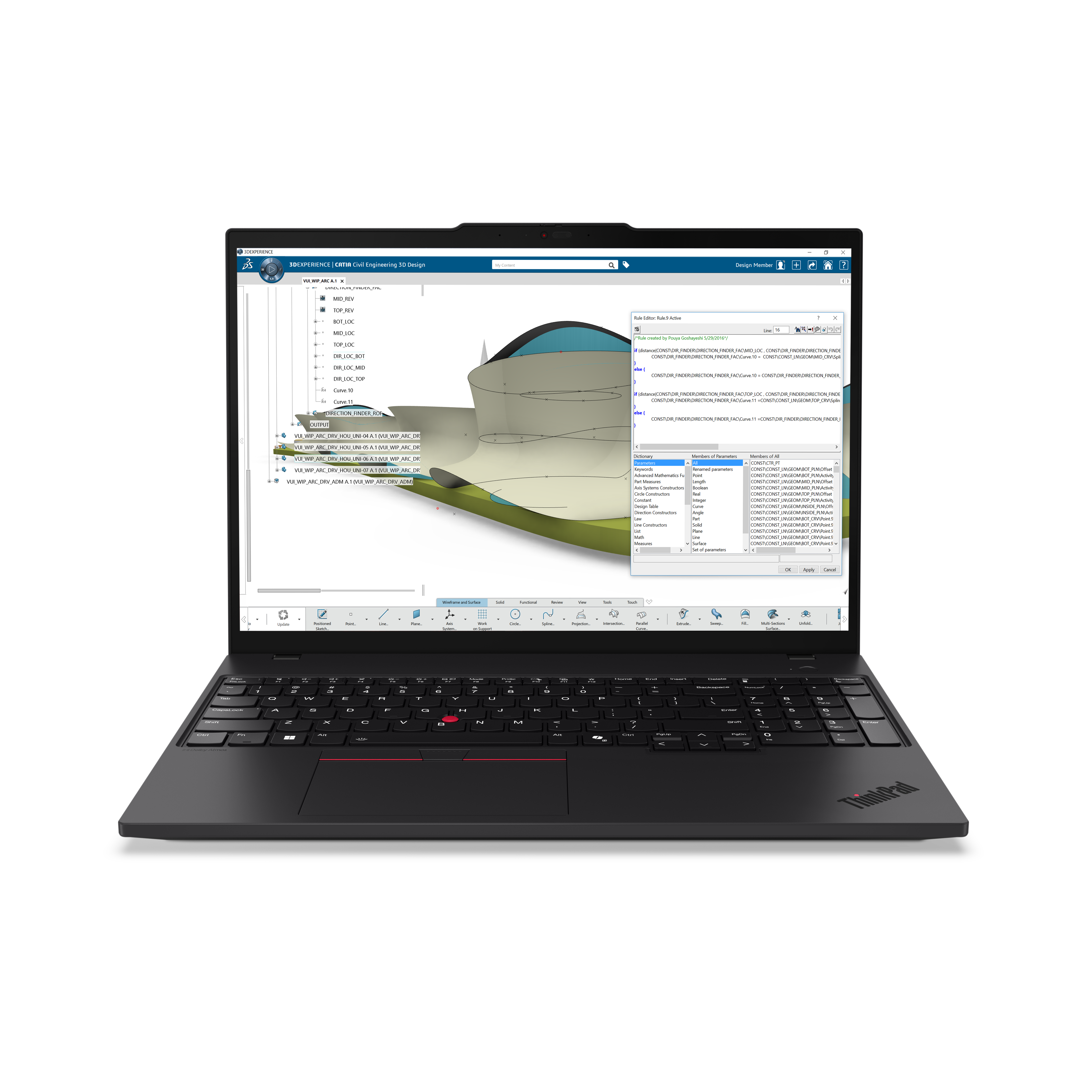 Ein Laptop zeigt 3D-Designsoftware. Der Bildschirm zeigt ein 3D-Modell mit Werkzeugen.