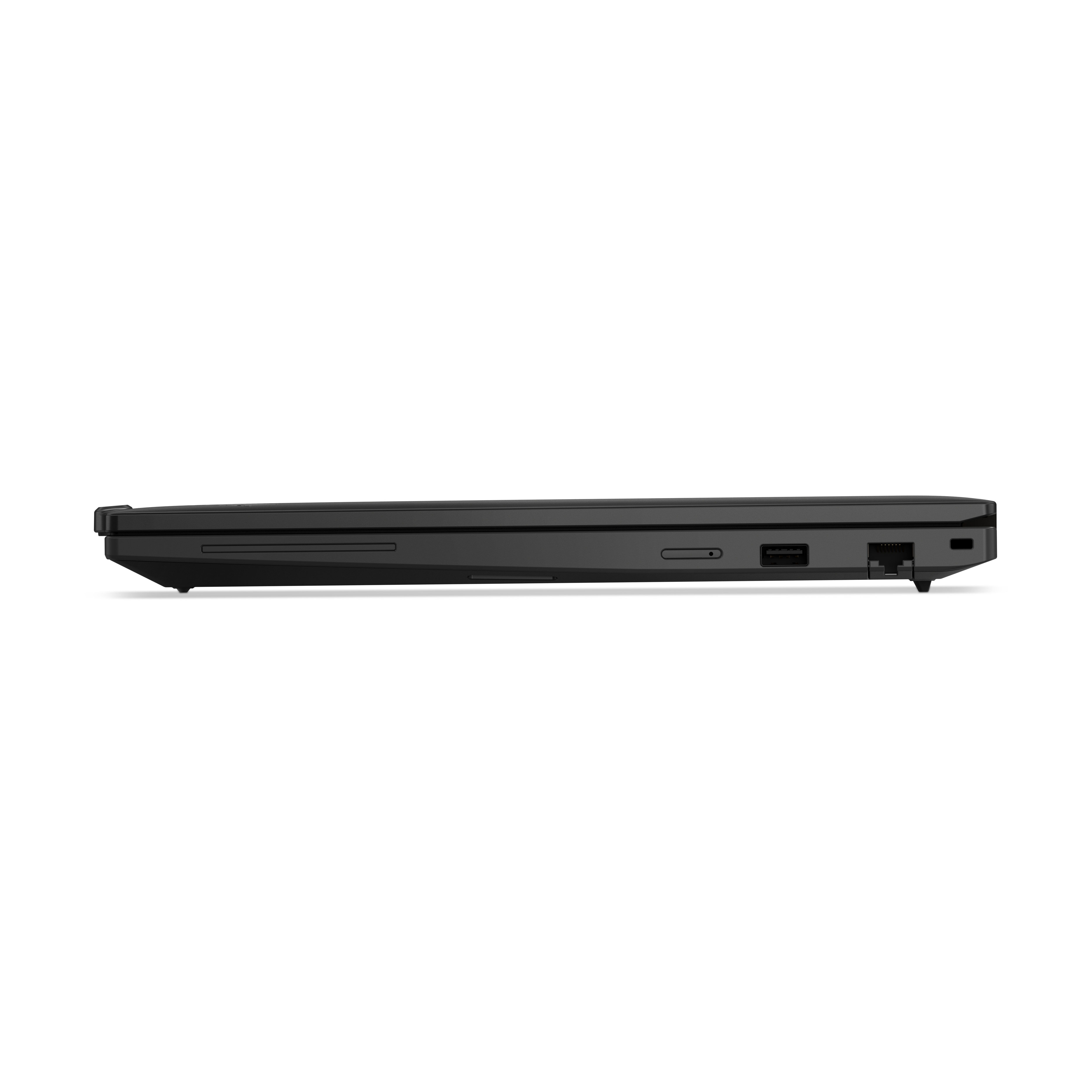 Seitenansicht eines schwarzen Laptops. Sichtbare Anschlüsse sind USB, Ethernet und Strom. Der Hintergrund ist schwarz.