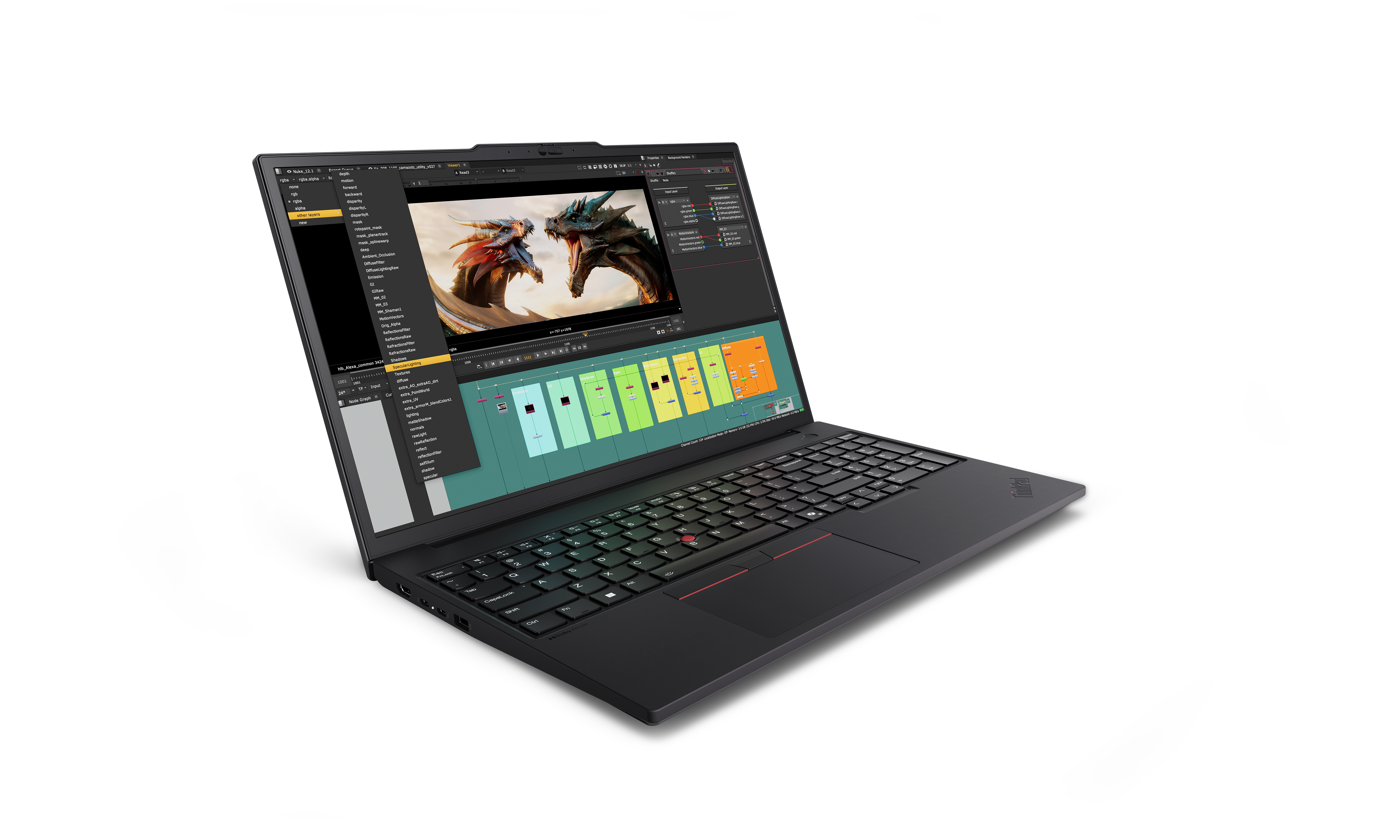 Schwarzer Laptop, der Videobearbeitungssoftware anzeigt. Drachen sind auf dem Bildschirm sichtbar. Tastatur und Touchpad sind im Fokus.