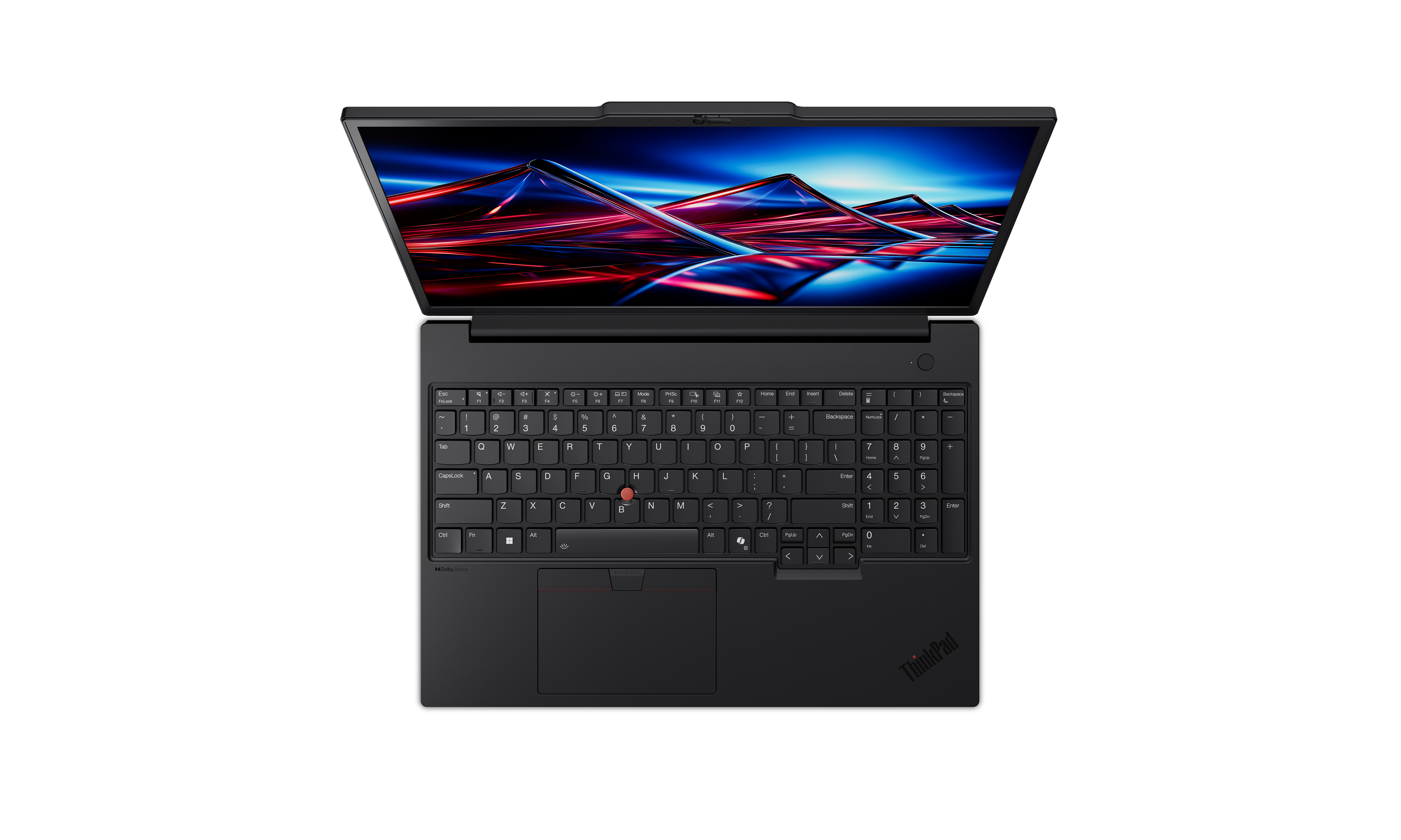 Schwarzer Laptop, geöffnet, zeigt ein farbenfrohes abstraktes Bild auf dem Bildschirm, Tastatur und Touchpad sichtbar.