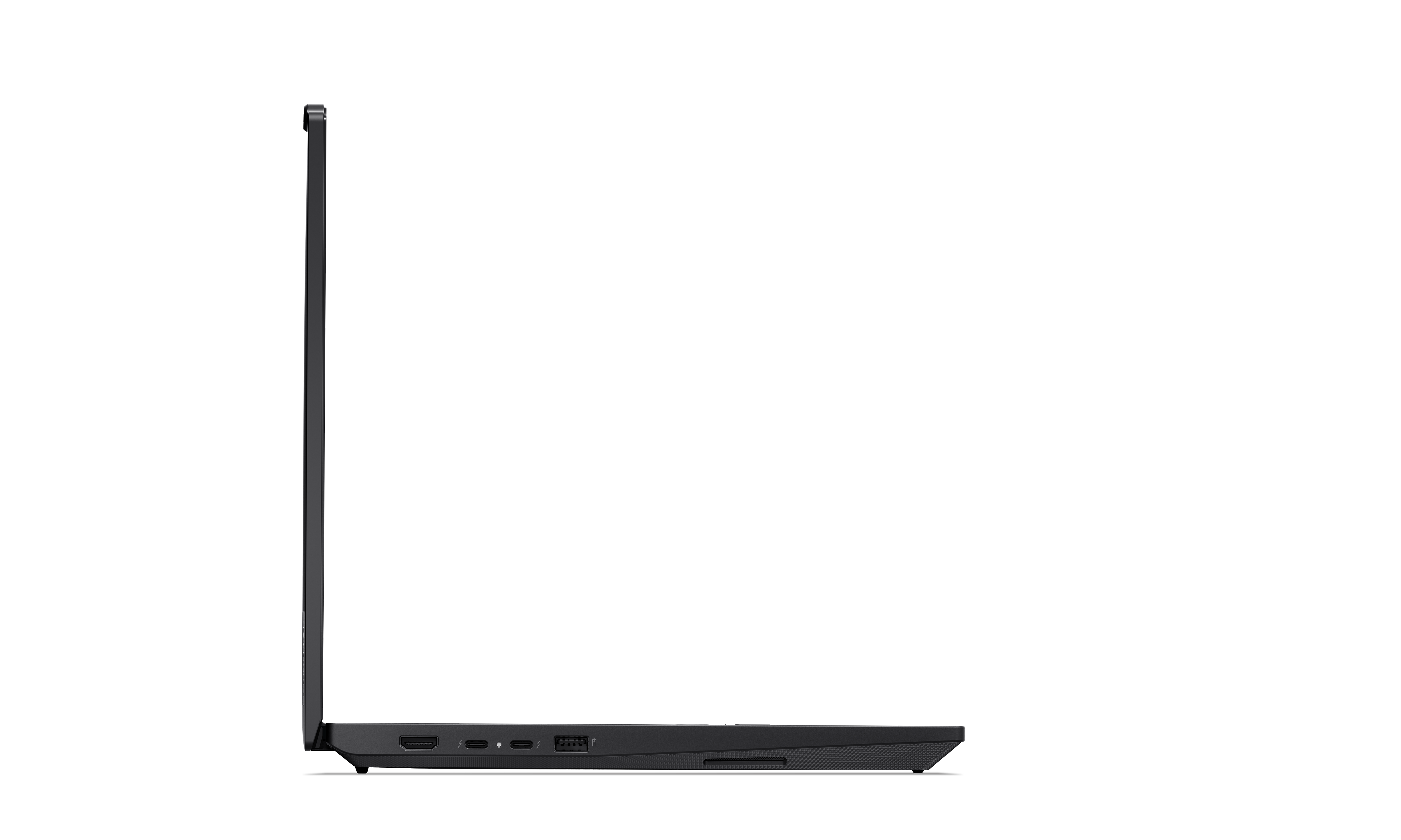 Seitenansicht eines schwarzen Laptops. Der Bildschirm ist geschlossen. Anschlüsse sind an der Seite sichtbar. Der Hintergrund ist schwarz.