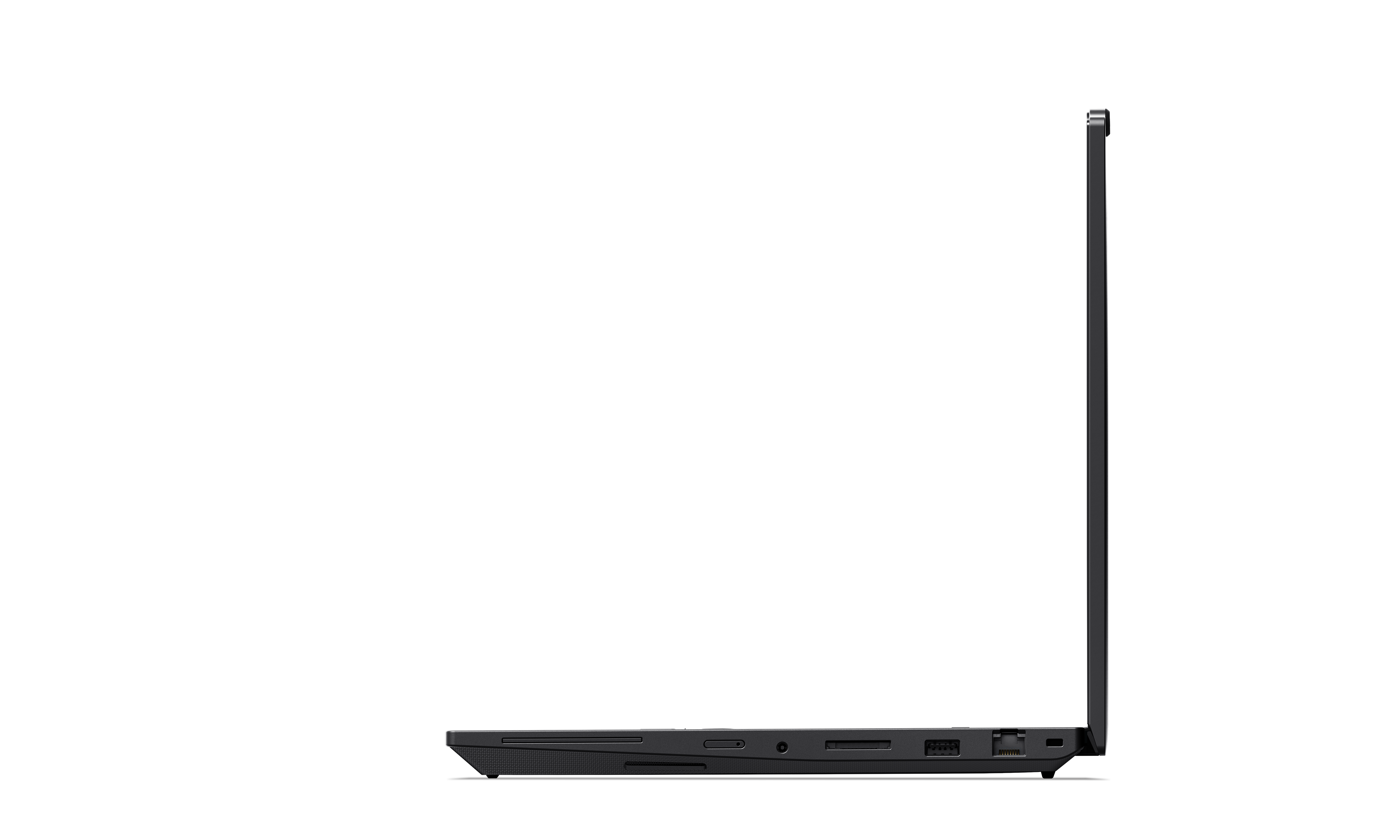 Seitenansicht eines schwarzen Laptops auf schwarzem Hintergrund. Der Bildschirm ist geöffnet.
