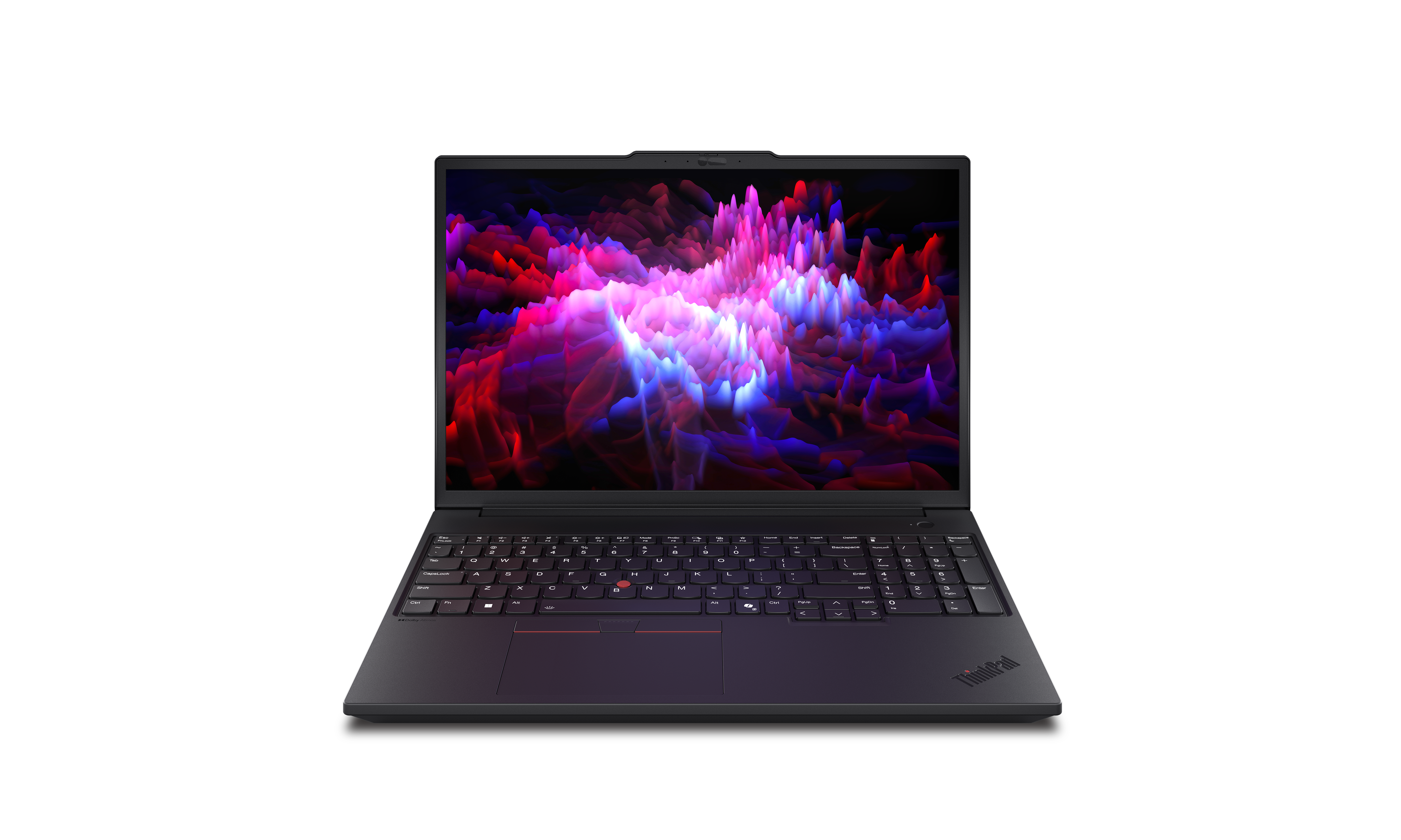Ein schwarzer ThinkPad-Laptop. Der Bildschirm zeigt ein farbenfrohes abstraktes Bild. Die Tastatur ist sichtbar, mit dem ThinkPad-Logo.