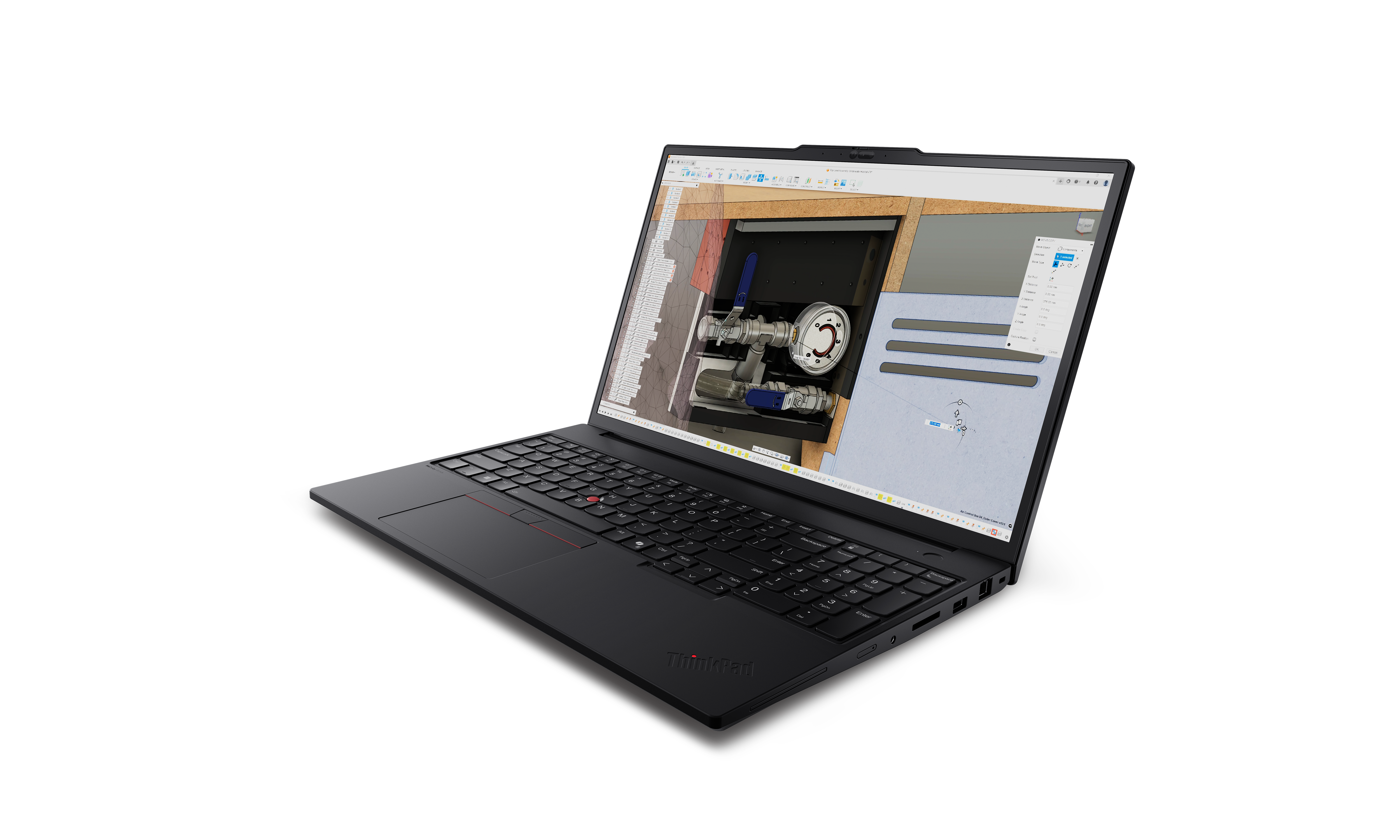 Ein schwarzes ThinkPad-Laptop zeigt ein CAD-Modell von Rohren und Ventilen vor schwarzem Hintergrund.