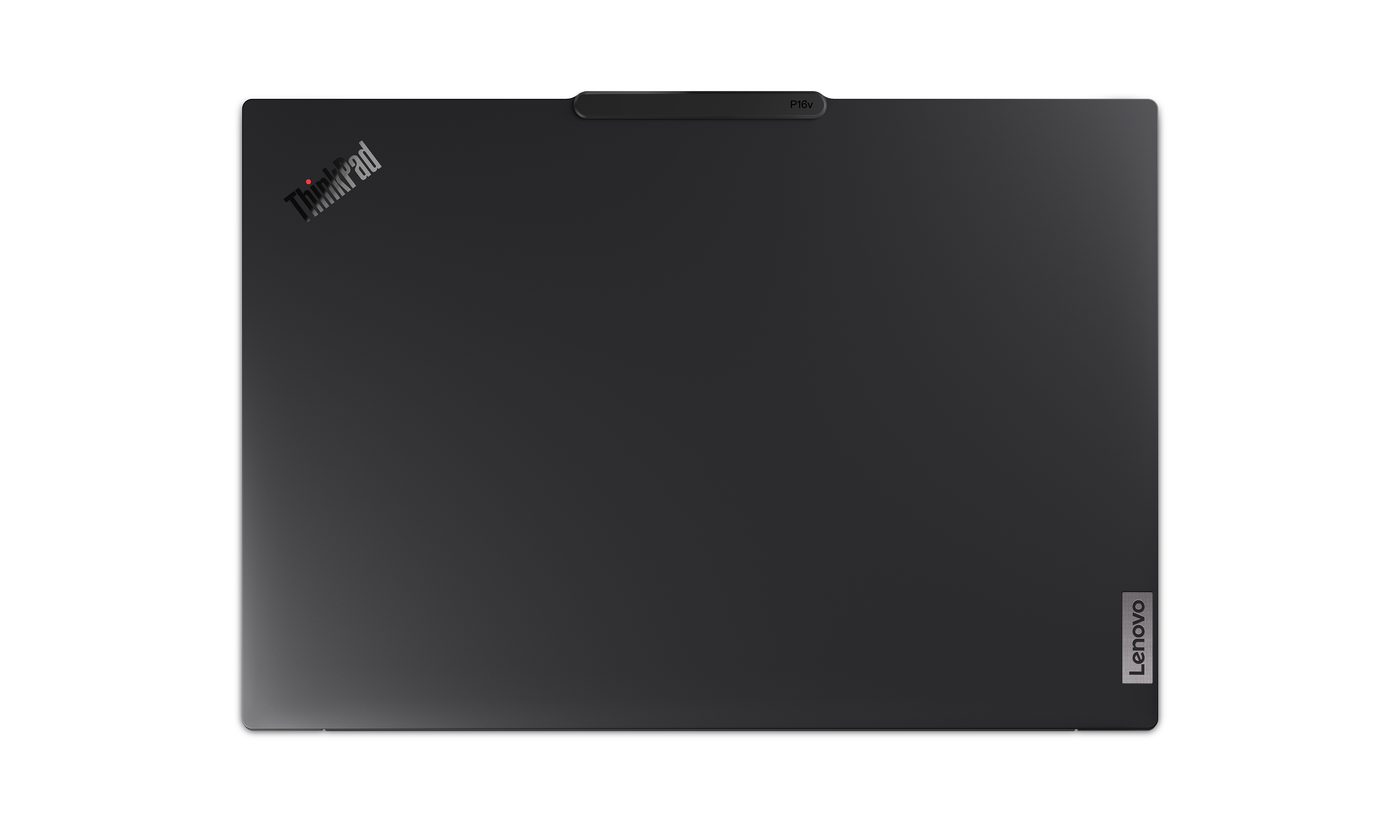 Ein schwarzes ThinkPad P16v Laptop auf schwarzem Hintergrund. Das Lenovo-Logo ist unten rechts sichtbar.