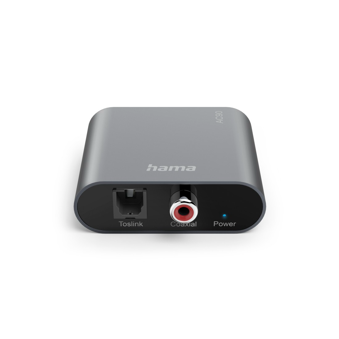 Egy ezüst Hama AC90 audio adapter. Toslink, koaxiális és Power portokkal rendelkezik. A jelzőfény kék.