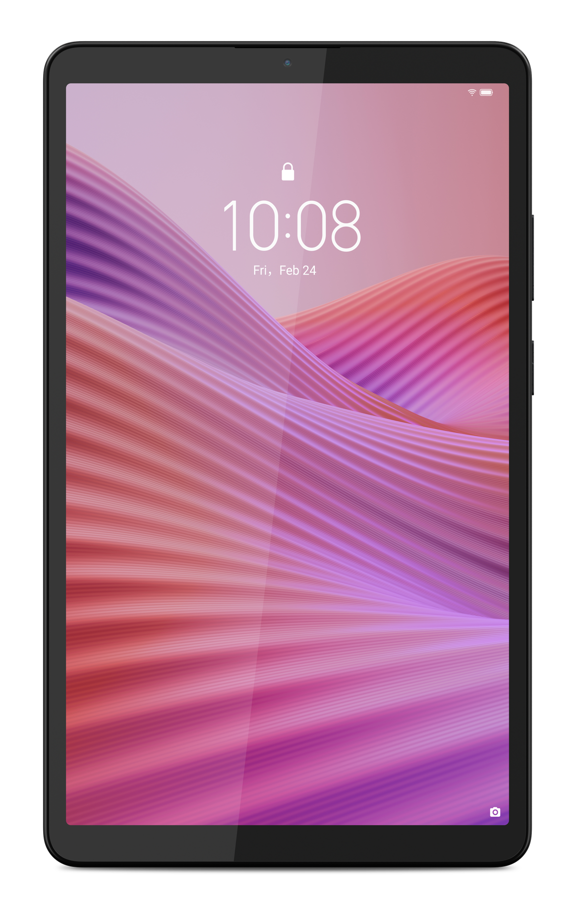 Tablet z czarną ramką wyświetla faliste różowo-fioletowe tło, godzinę 10:08 i datę.