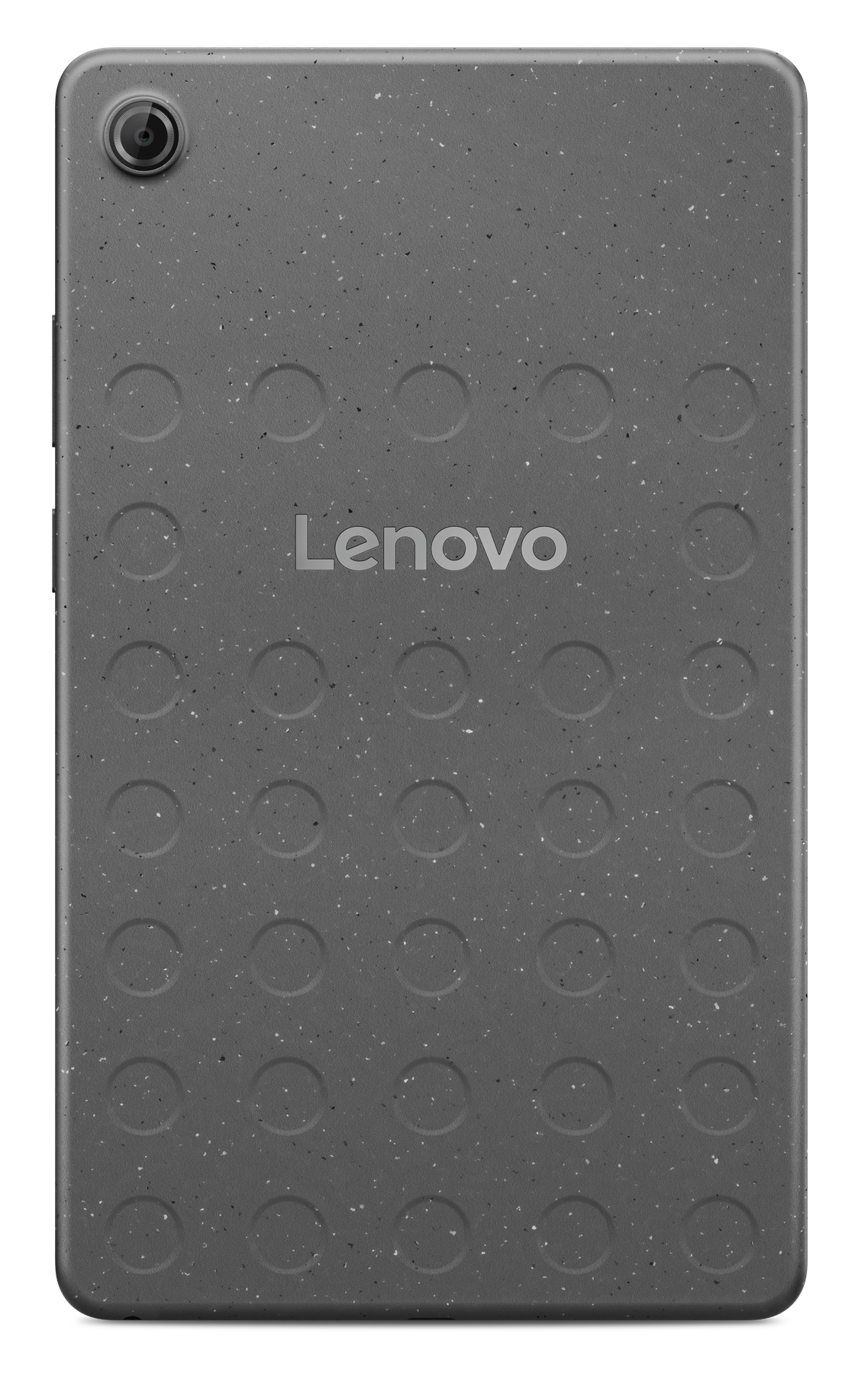 Szary tablet Lenovo. Ma aparat u góry po lewej stronie i logo Lenovo na środku. Tył ma kropkowane okręgi.