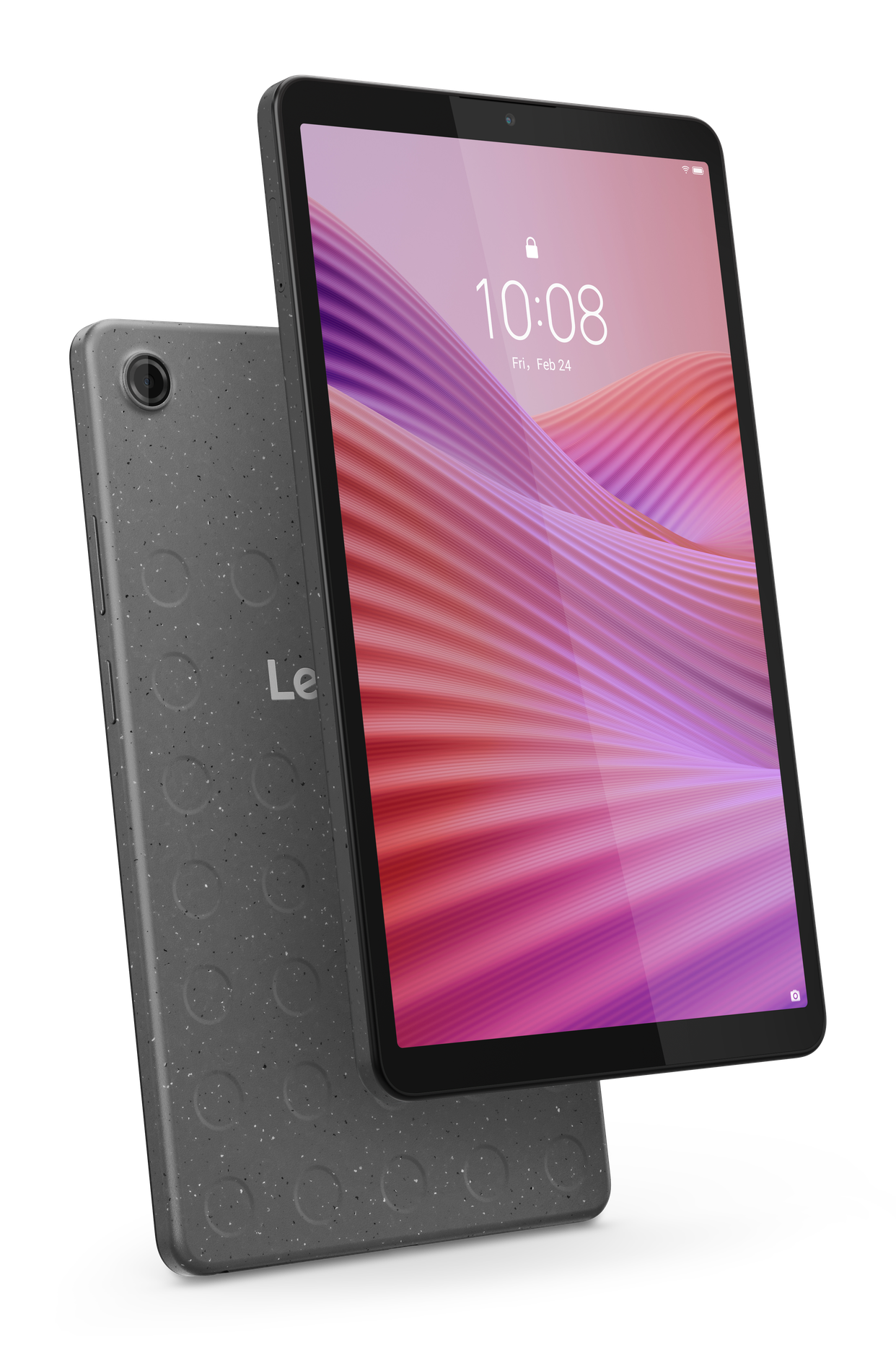 Dwa szare tablety Lenovo na czarnym tle. Ekrany pokazują czas i różowo-fioletowe fale. Jeden tablet jest pod kątem.