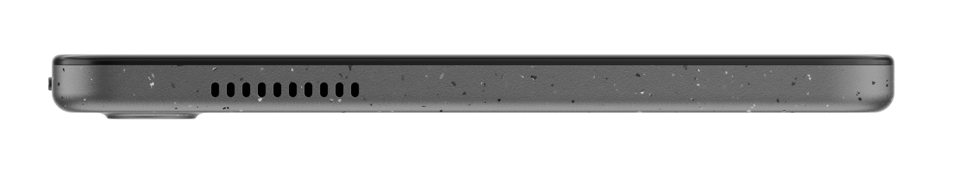 Widok z boku tabletu. Jest szary, z czarnym wierzchem. Posiada głośnik i mały przycisk.