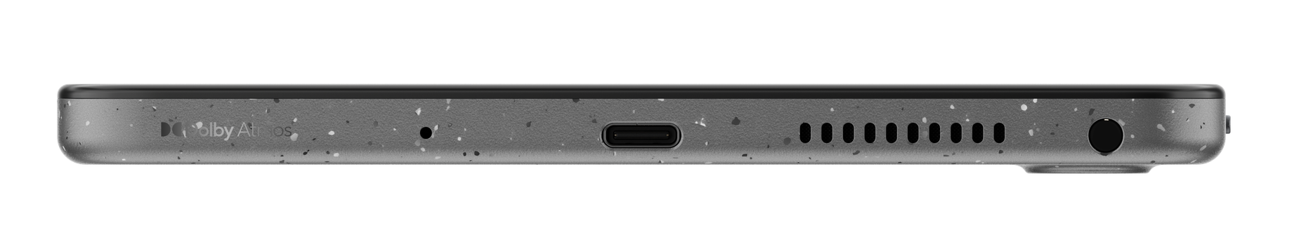 Widok z boku telefonu, pokazujący porty i otwory głośników. Widoczne logo Dolby Atmos. Powierzchnia telefonu ma nakrapiany wzór.