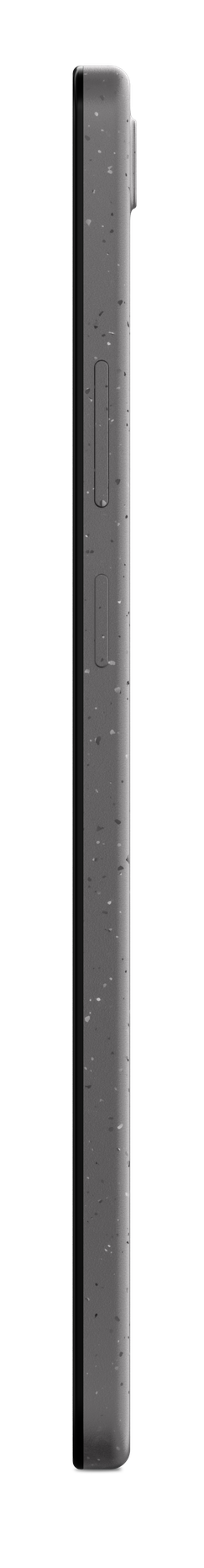 Widok z boku szarego smartfona. Telefon ma przyciski głośności i przycisk zasilania. Tło jest czarne.