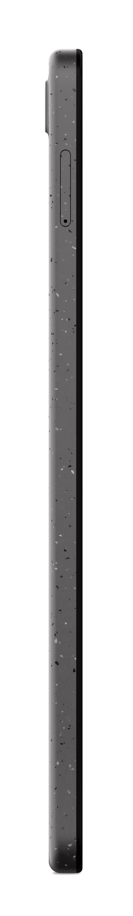 Widok z boku szarego telefonu z nakrapianą teksturą i czarną obwódką. Widoczny jest mały przycisk i szczelina.