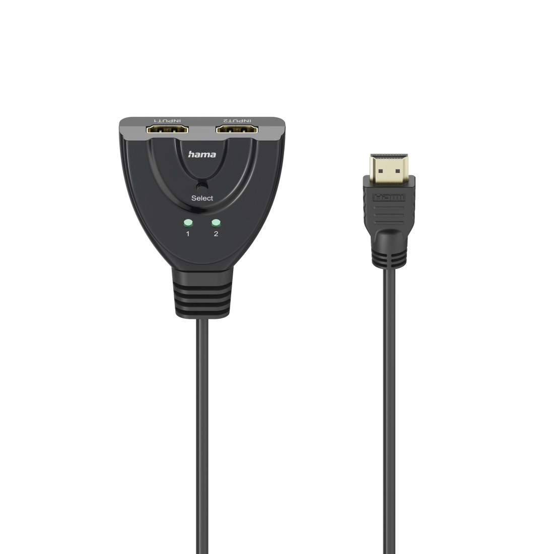 Fekete HDMI kapcsoló a Hamától, két bemenettel és egy kimenettel, valamint egy HDMI-kábellel. A kapcsolón van egy kiválasztó gomb és LED-jelzők.