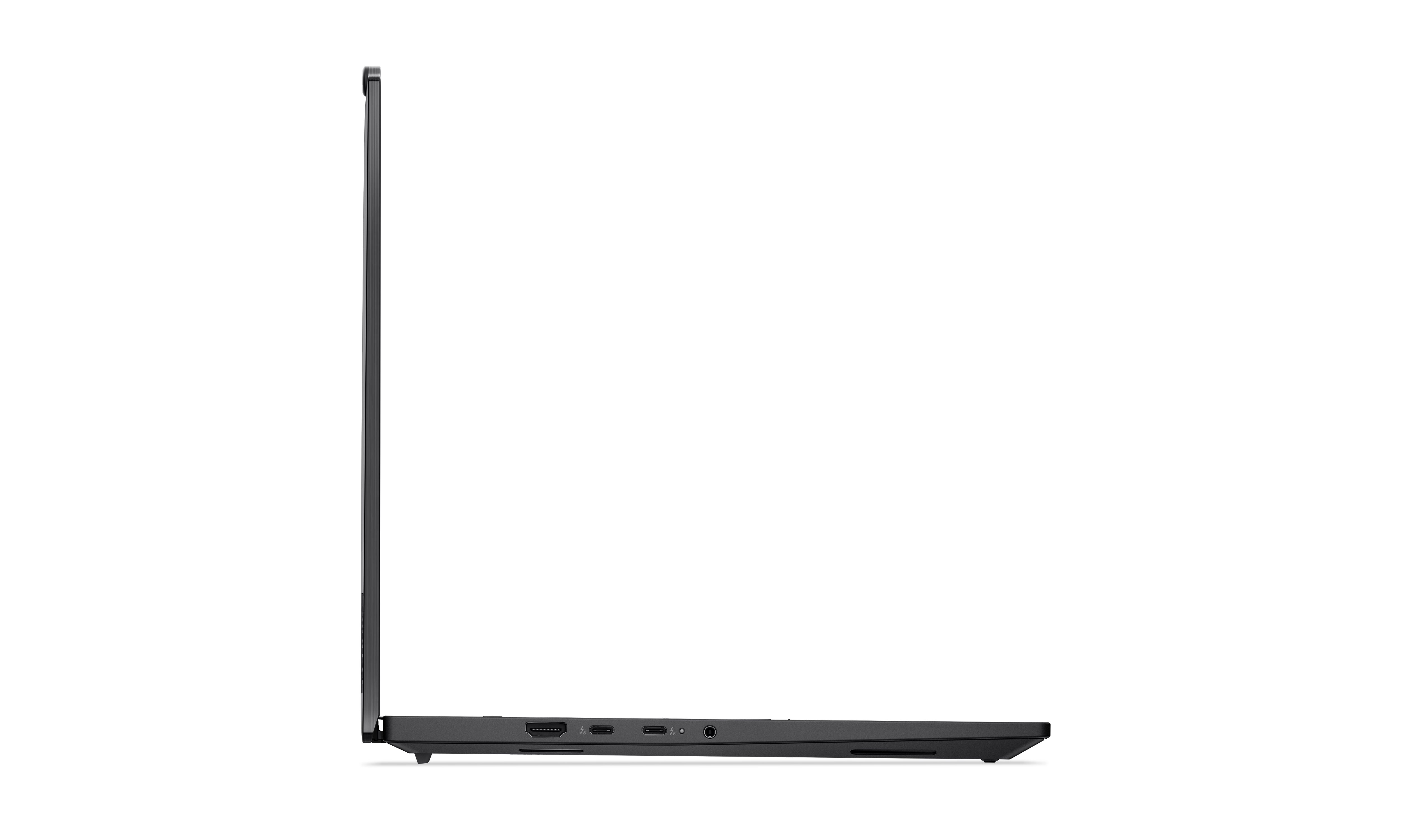Seitenansicht eines schwarzen Laptops. Der Bildschirm ist geschlossen. Anschlüsse sind an der Seite sichtbar. Der Hintergrund ist schwarz.