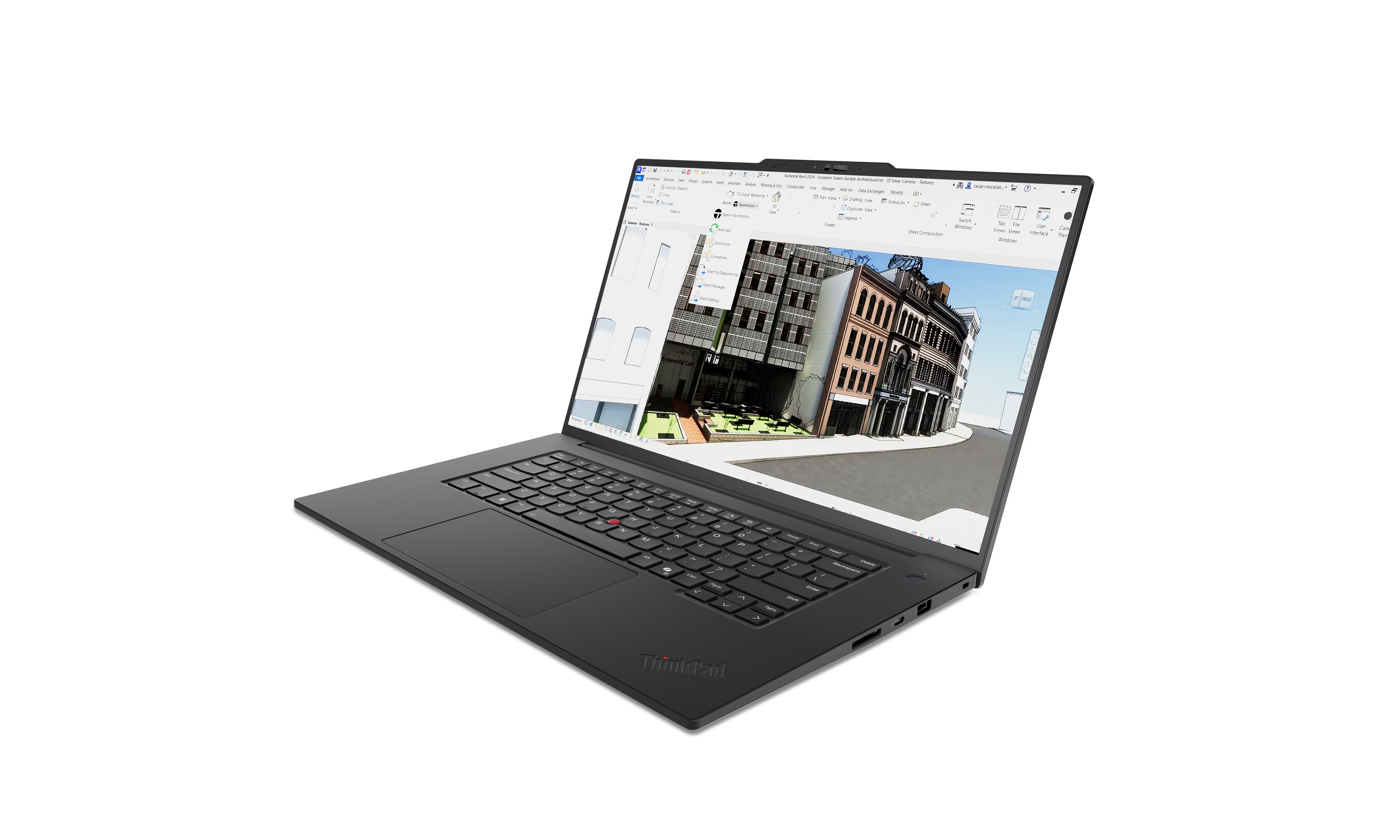 Ein schwarzer ThinkPad-Laptop, der einen architektonischen Gebäudeentwurf auf schwarzem Hintergrund zeigt.