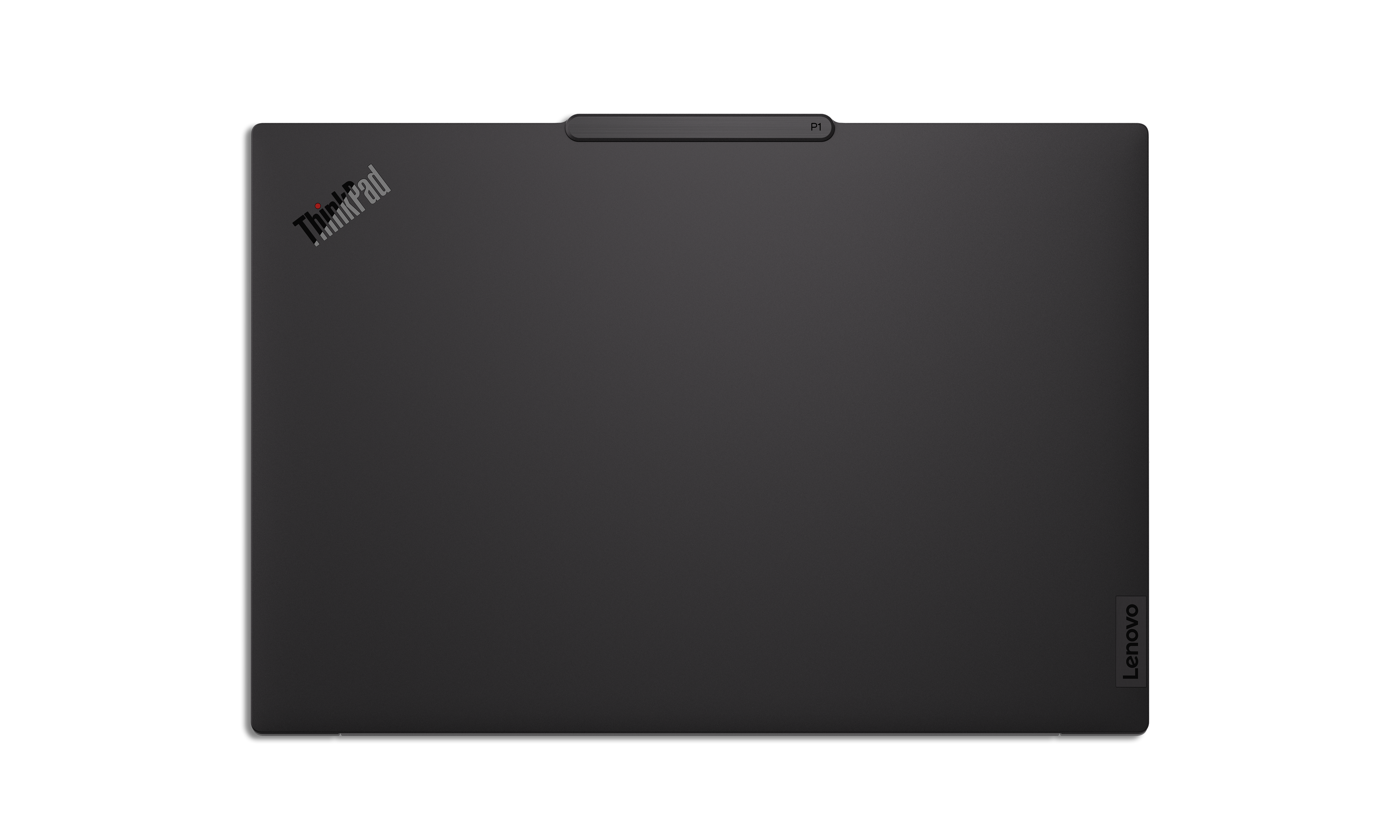 Draufsicht auf einen schwarzen Lenovo ThinkPad Laptop. Das ThinkPad-Logo ist sichtbar. Der Laptop befindet sich auf schwarzem Hintergrund.