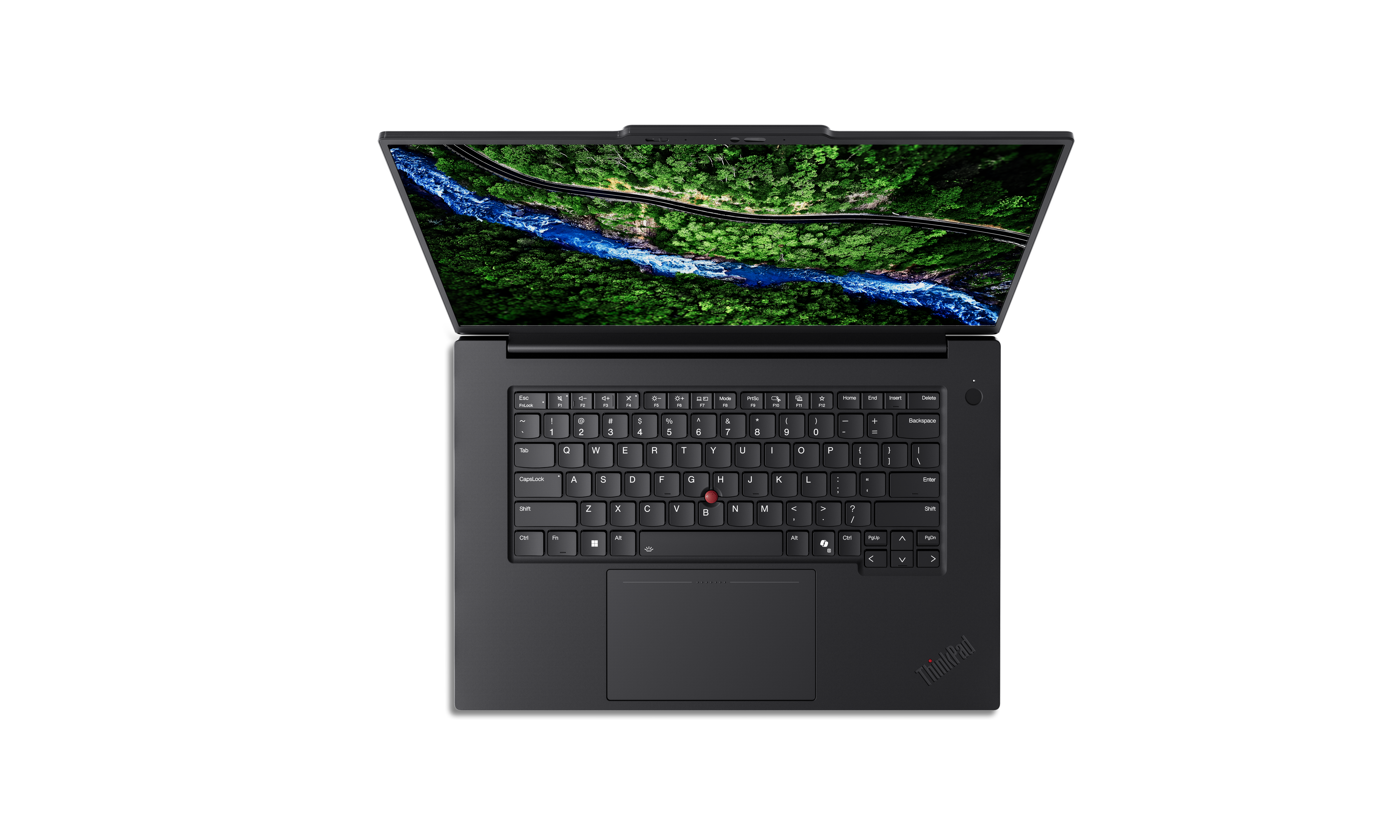 Schwarzer Laptop mit offenem Bildschirm, der eine Flussszene zeigt. Tastatur sichtbar, ThinkPad-Logo unten rechts.