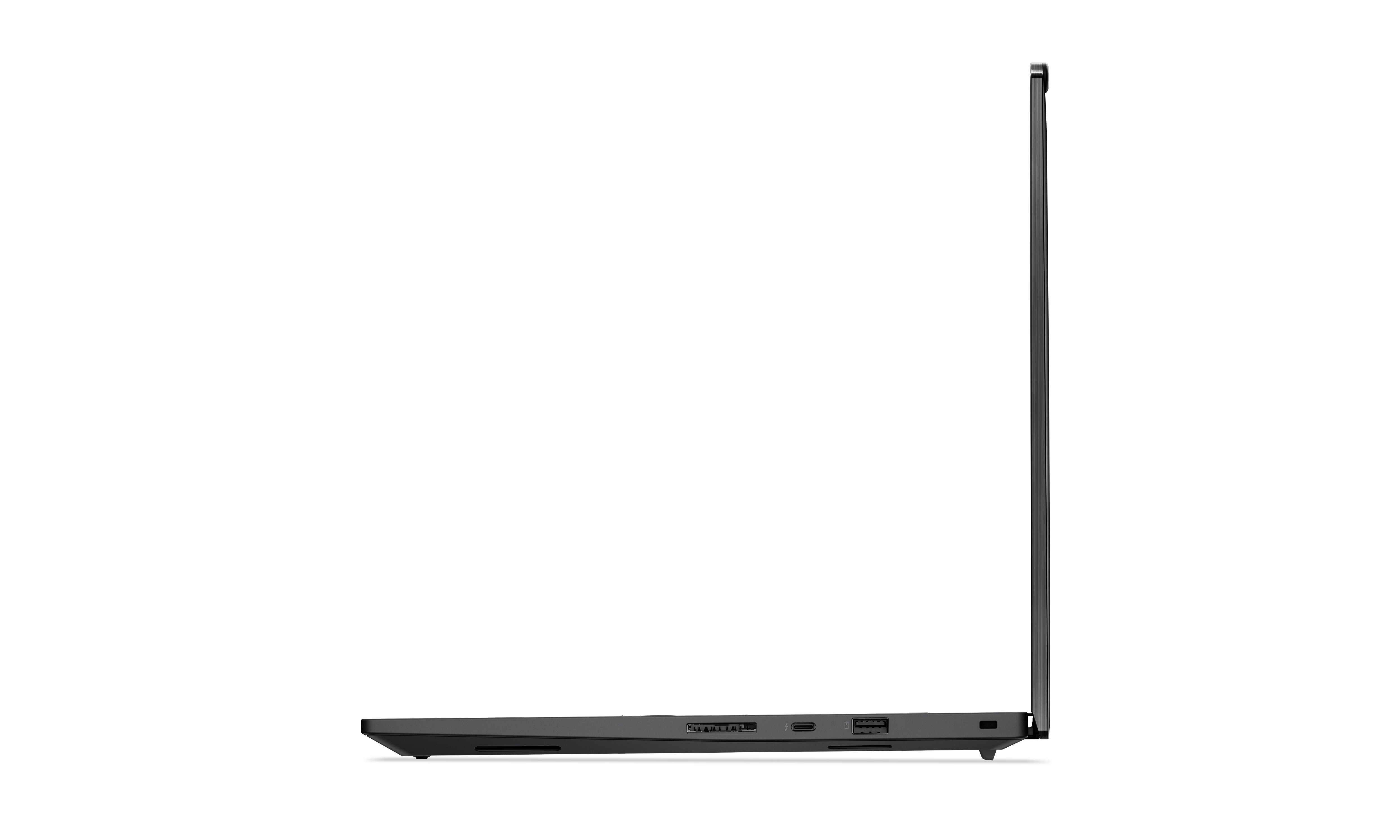 Seitenansicht eines schwarzen Laptops auf schwarzem Hintergrund. Anschlüsse sind sichtbar.