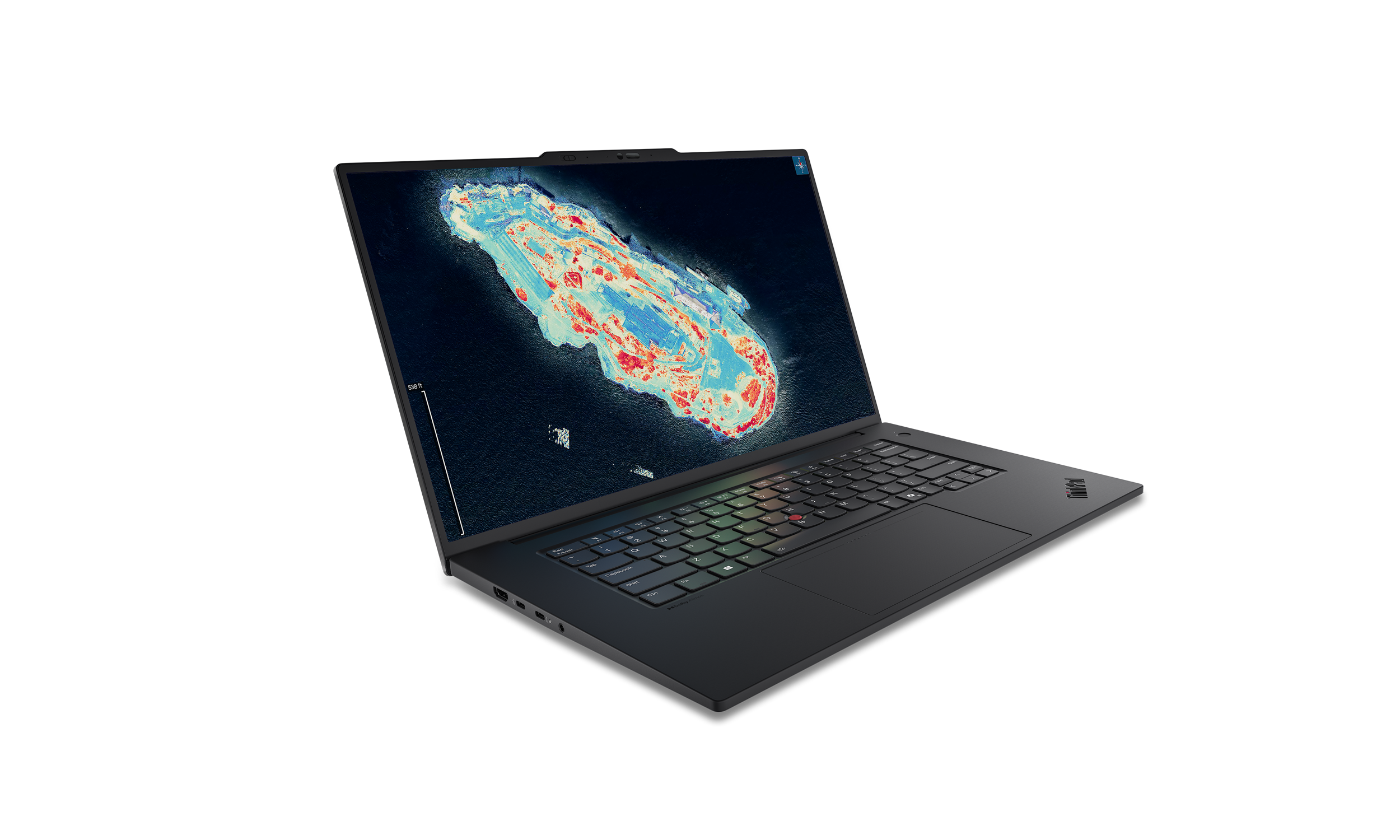 Ein schwarzer Laptop zeigt eine farbenfrohe Karte. Die Tastatur ist sichtbar. Der Hintergrund ist einfach schwarz.