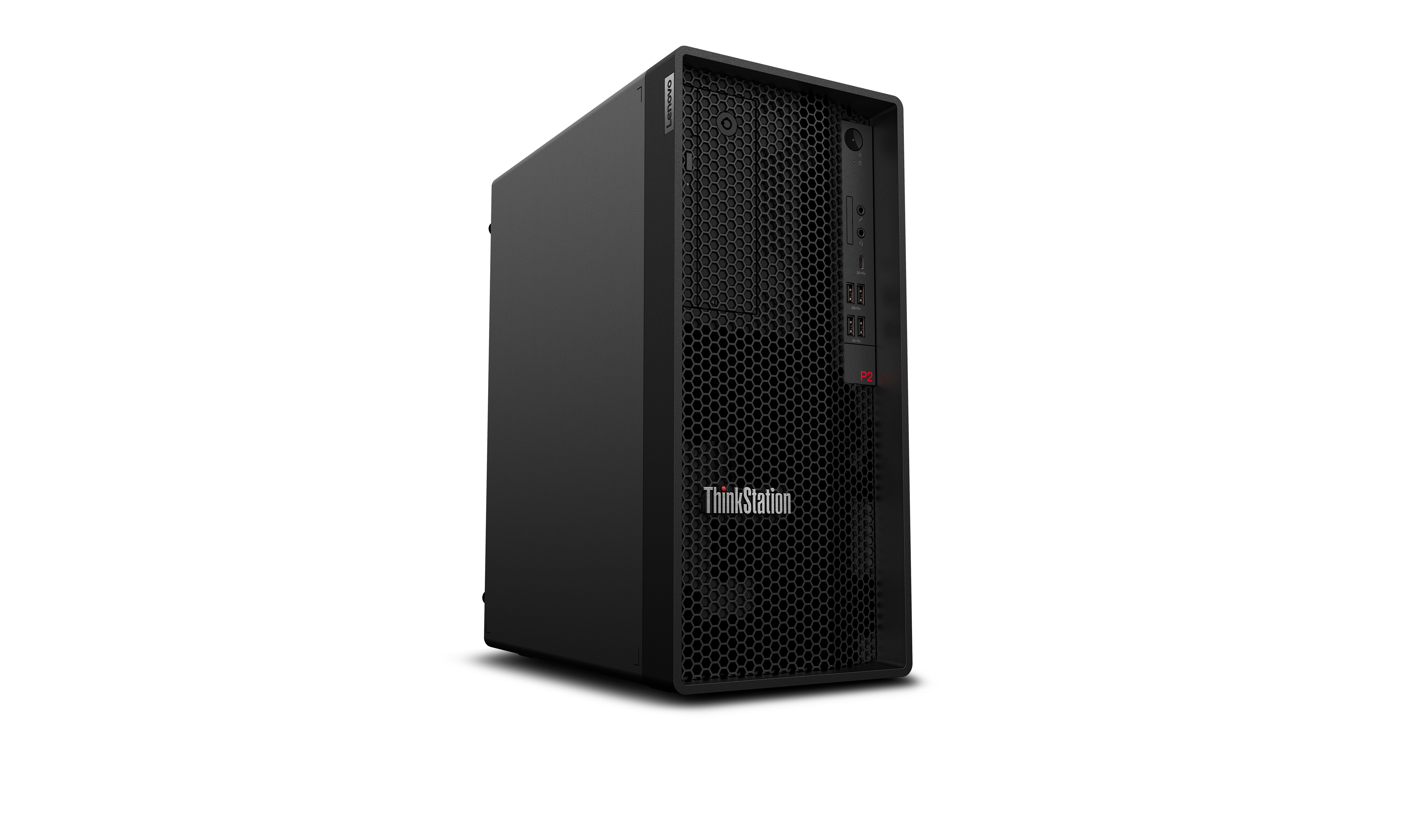 Ein schwarzer Lenovo ThinkStation Desktop-Computer. Er hat eine wabenförmige Front und Lenovo-Branding.