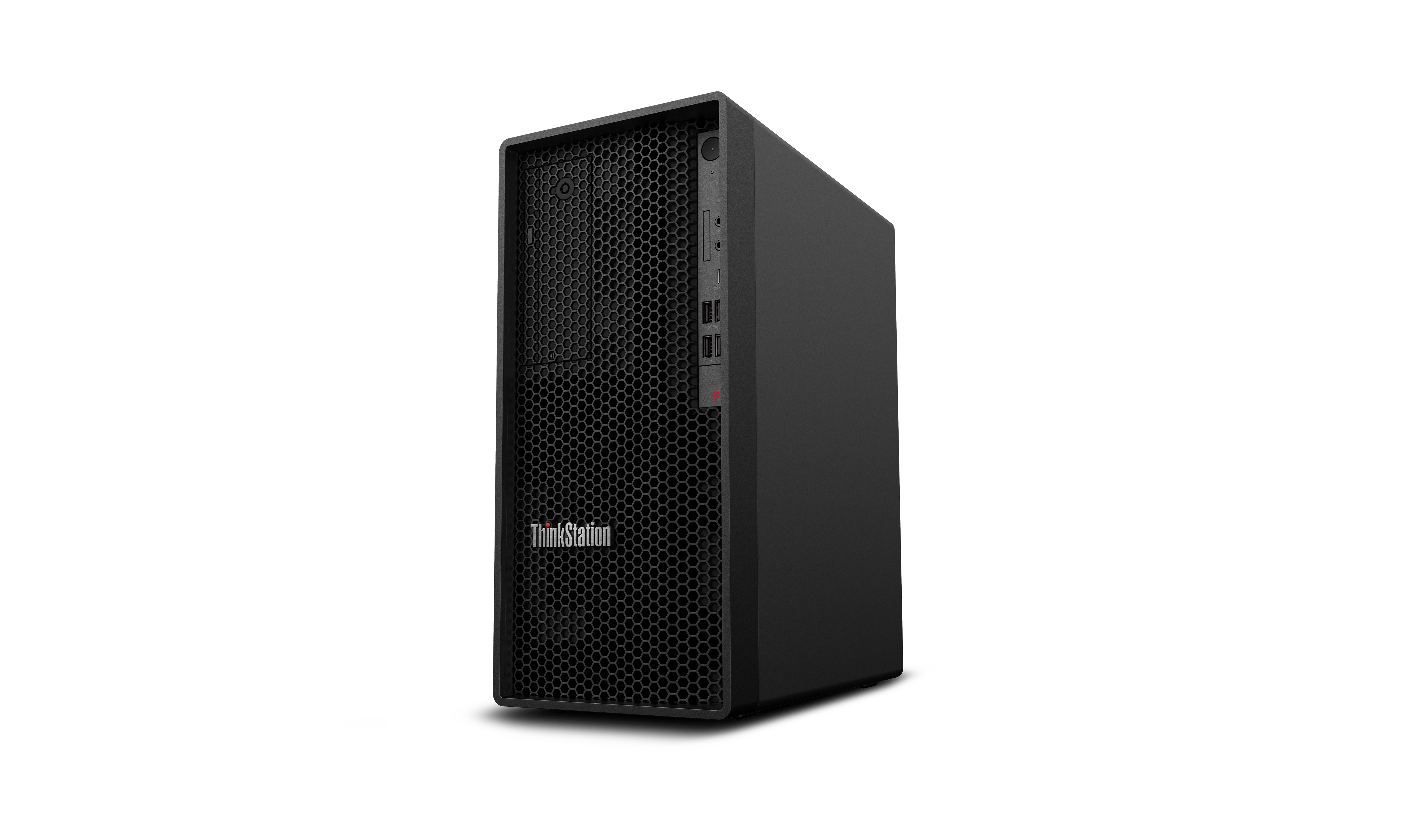 Ein schwarzer ThinkStation-Computerturm auf schwarzem Hintergrund. Die Vorderseite hat ein Wabennetz und ein ThinkStation-Logo.