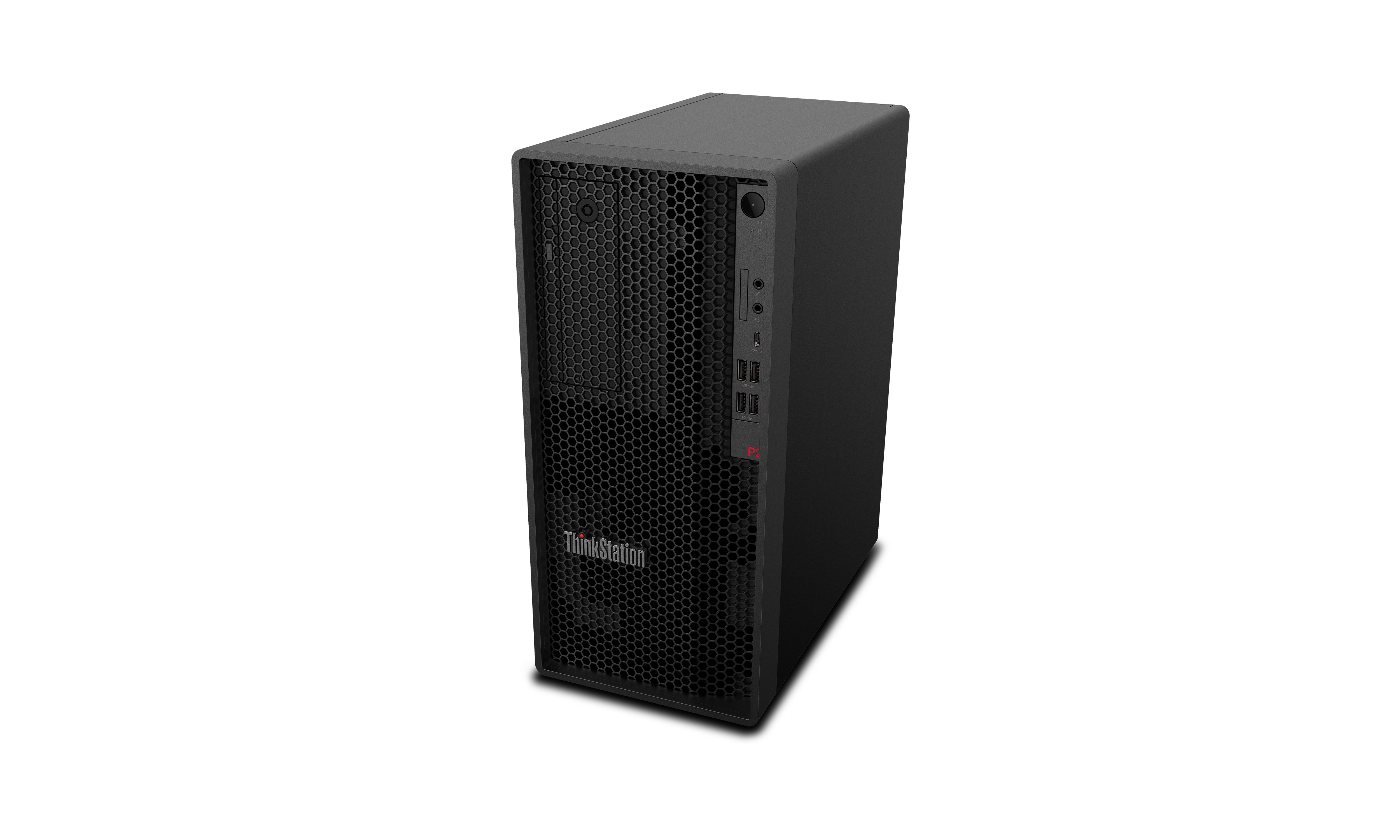 Ein schwarzer ThinkStation-Computerturm auf schwarzem Hintergrund. Die Frontplatte hat ein Wabenmuster.