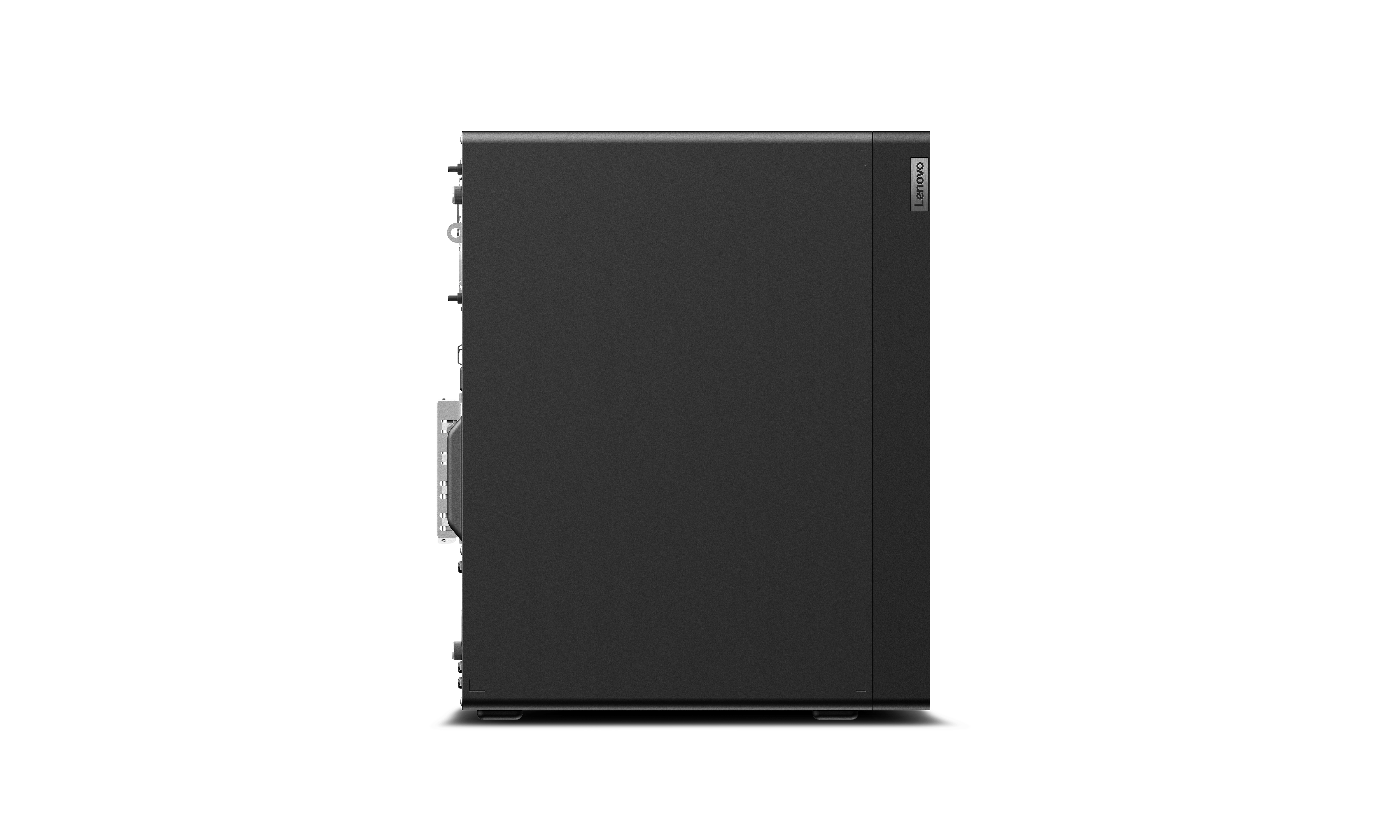 Ein schwarzer Lenovo-Desktop-Computer vor schwarzem Hintergrund. Das Lenovo-Logo ist sichtbar.