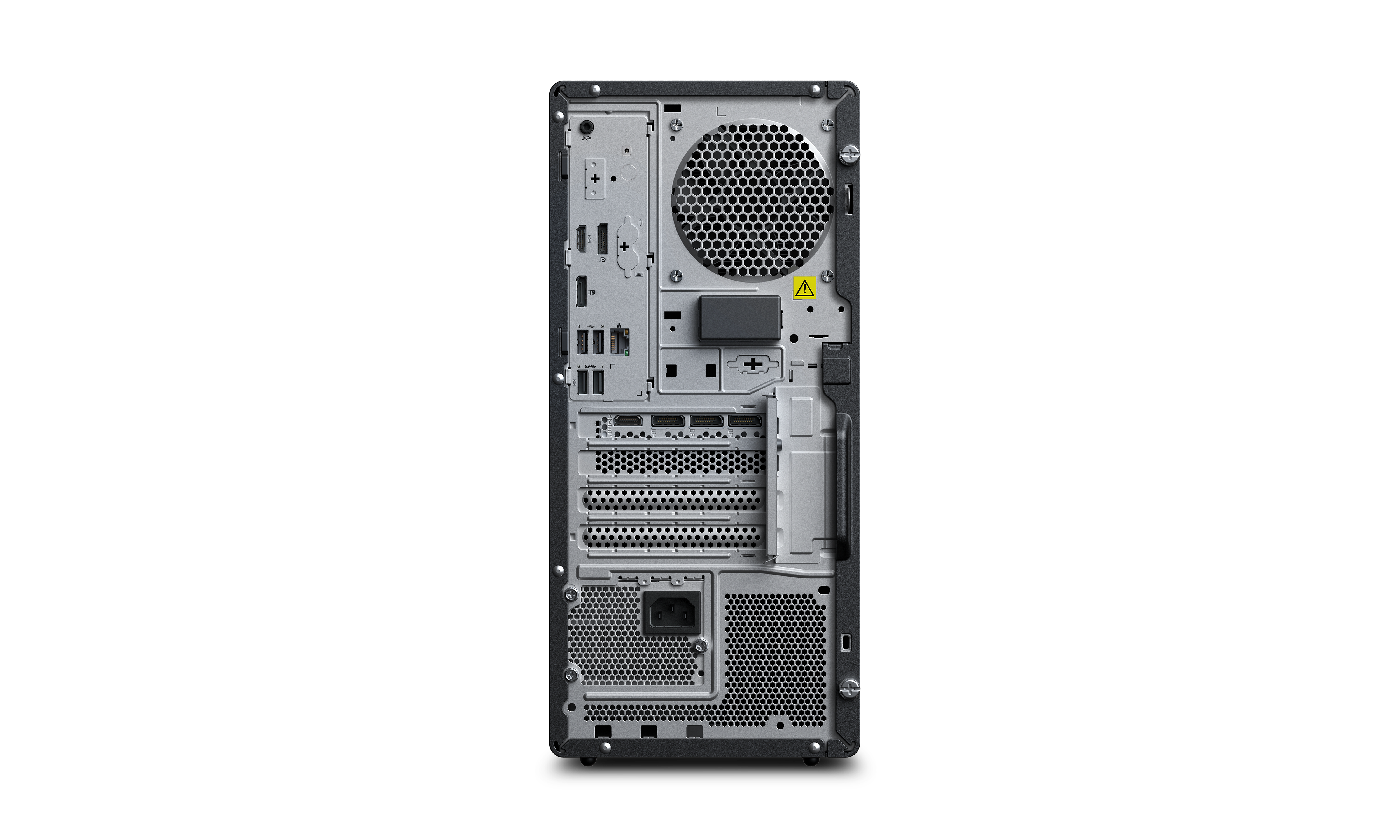 Rückseite eines schwarzen Desktop-Computers mit verschiedenen Anschlüssen, Lüftungsöffnungen und einem Stromeingang. Der Hintergrund ist schwarz.