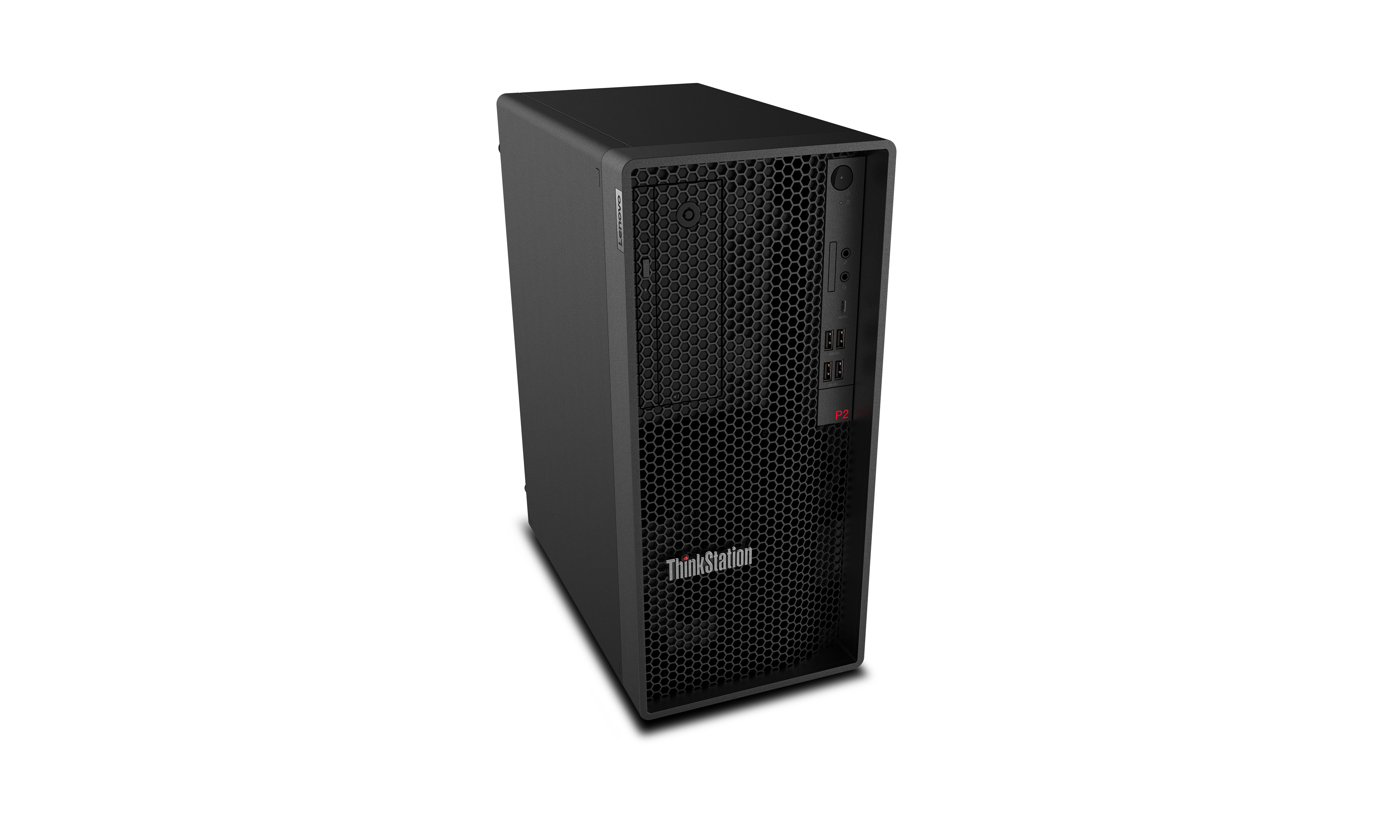 Ein schwarzer ThinkStation P2 Desktop-Computer. Er hat eine Frontplatte aus Wabennetz und Lenovo-Branding.
