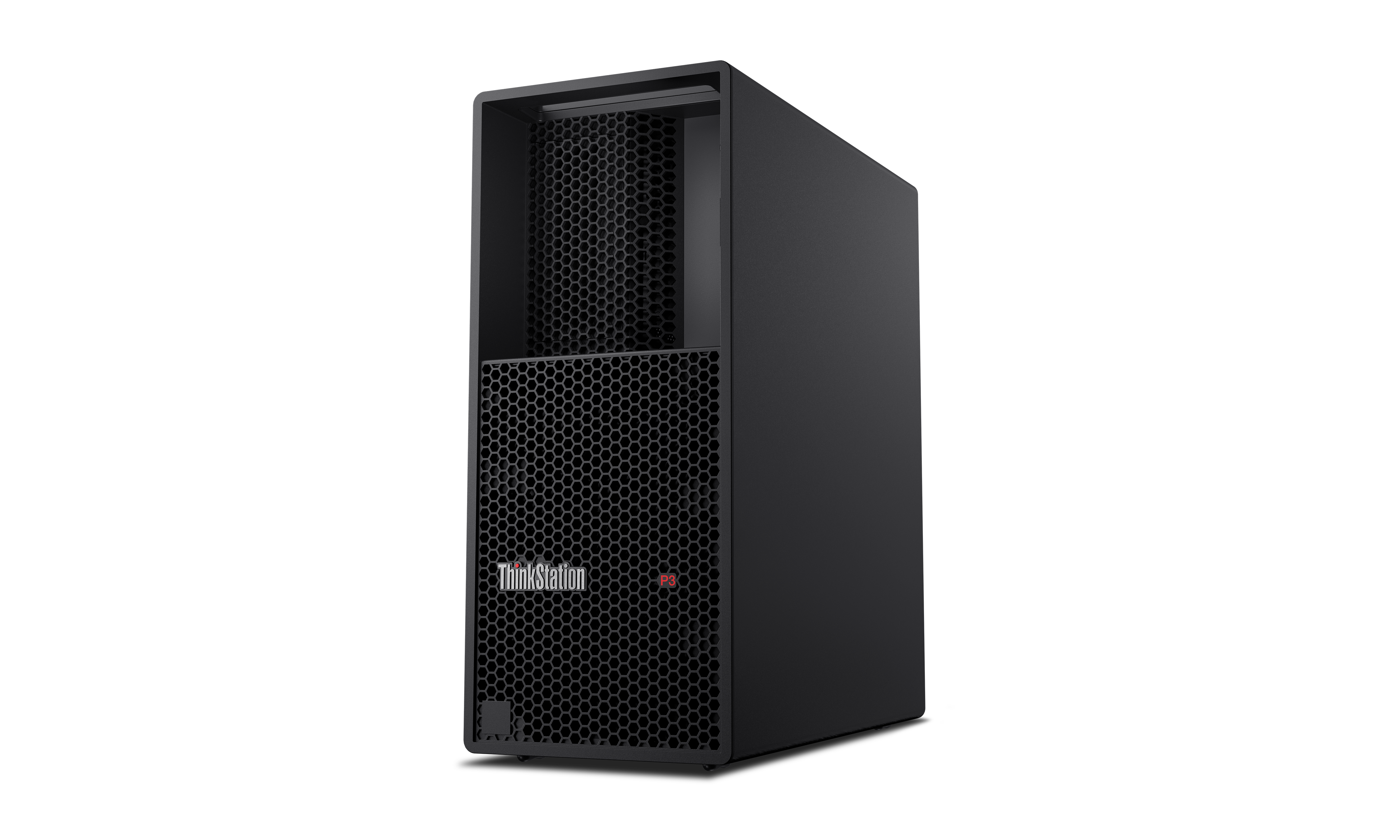 Ein schwarzer ThinkStation P3-Workstation-Computer mit einer vorderen Blende aus Wabennetz auf schwarzem Hintergrund.